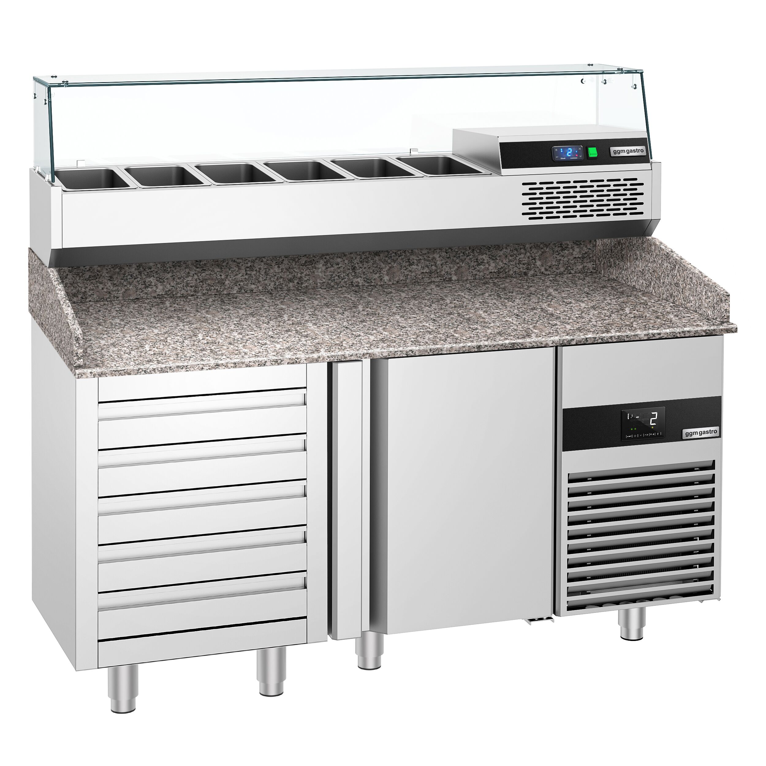 Table réfrigérée à pizza PREMIUM - 1550x800 mm - avec 1 porte & 5 tiroirs - incl. vitrine réfrigérée - 6x GN 1/3