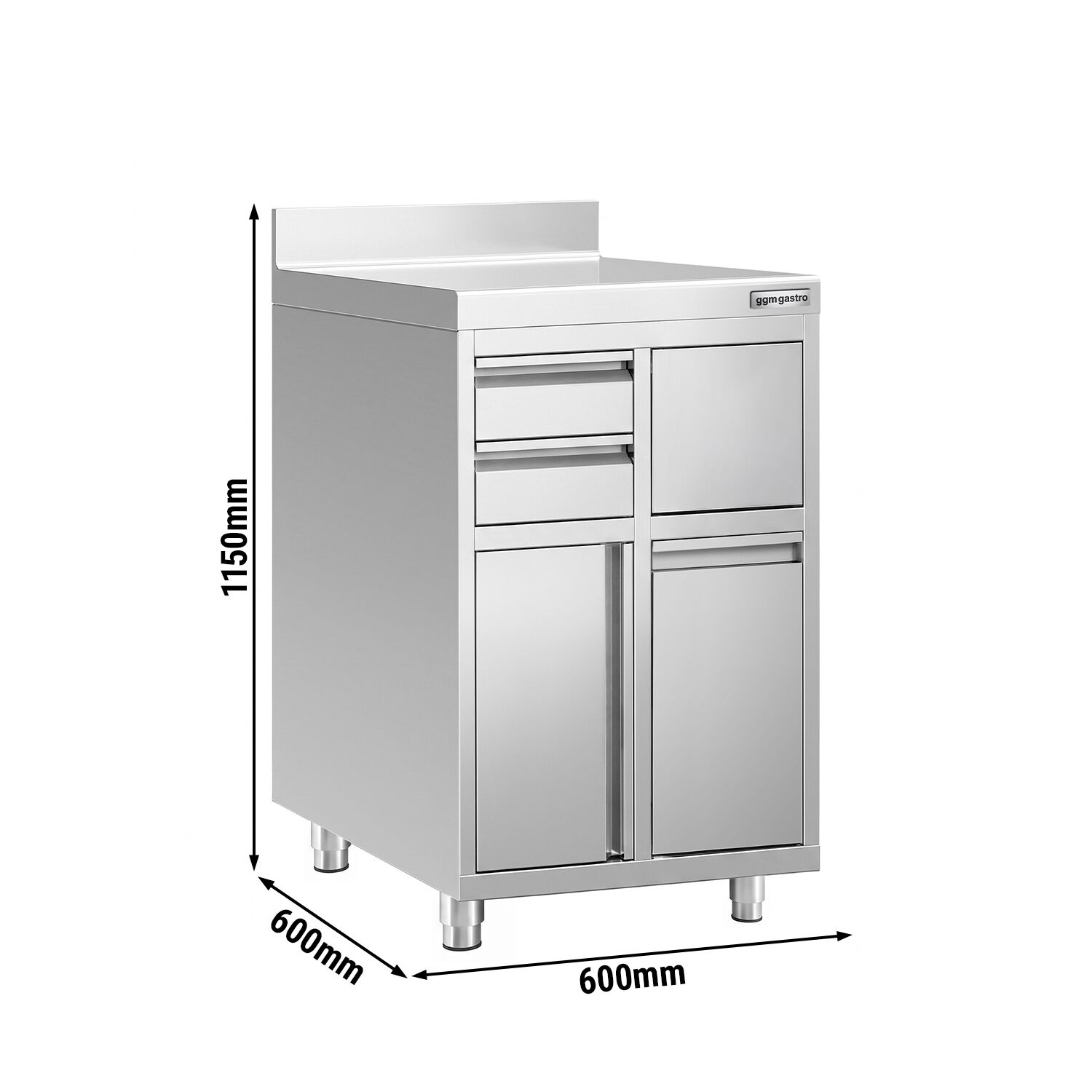 Work cabinet – for coffee machine – 600x600mm – with 1 hinged door, 2 drawers, waste bin & upstand