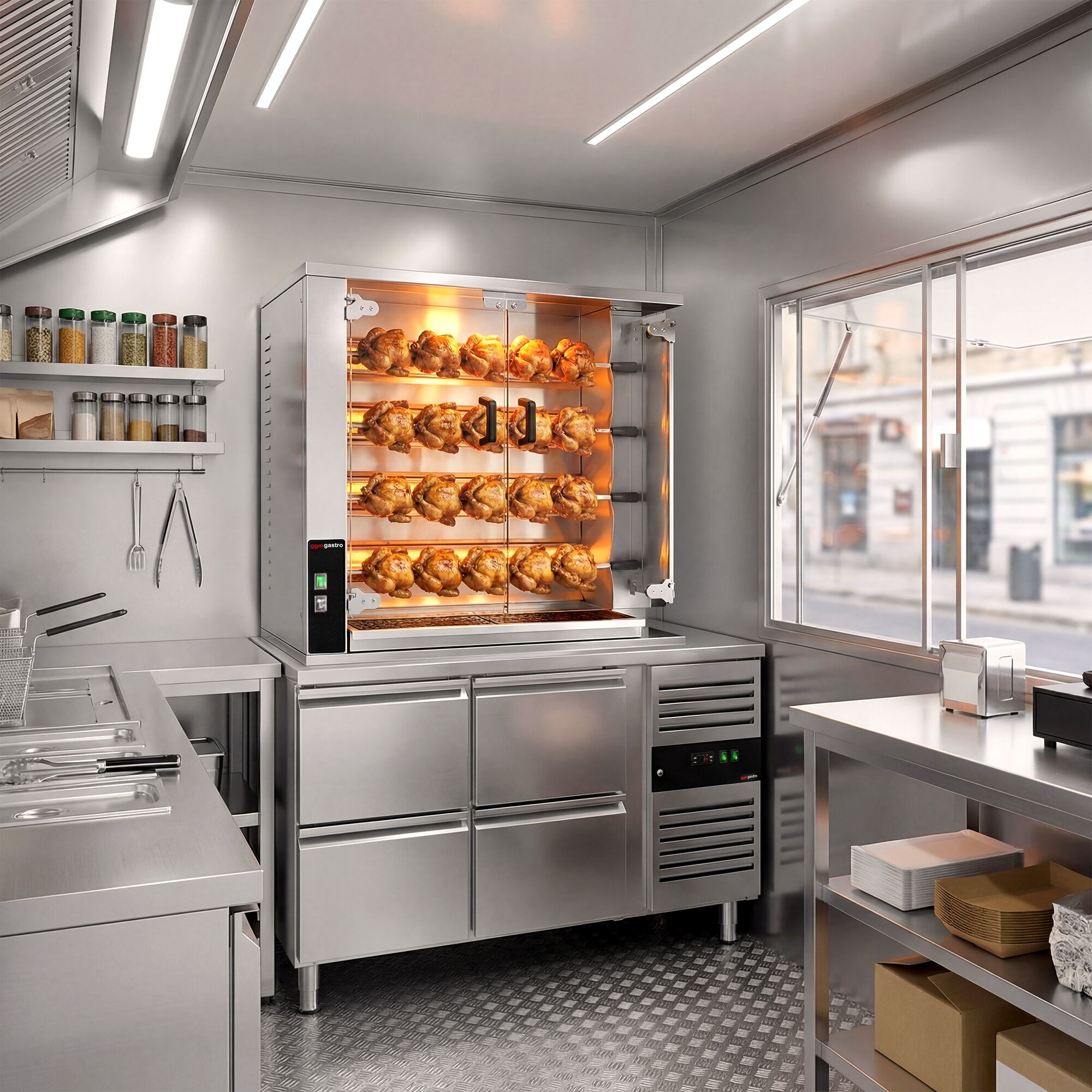 Gaz Rôtissoire à poulets Verticale - avec 4 broches pour jusqu’à 20 poulets - 18,8kW