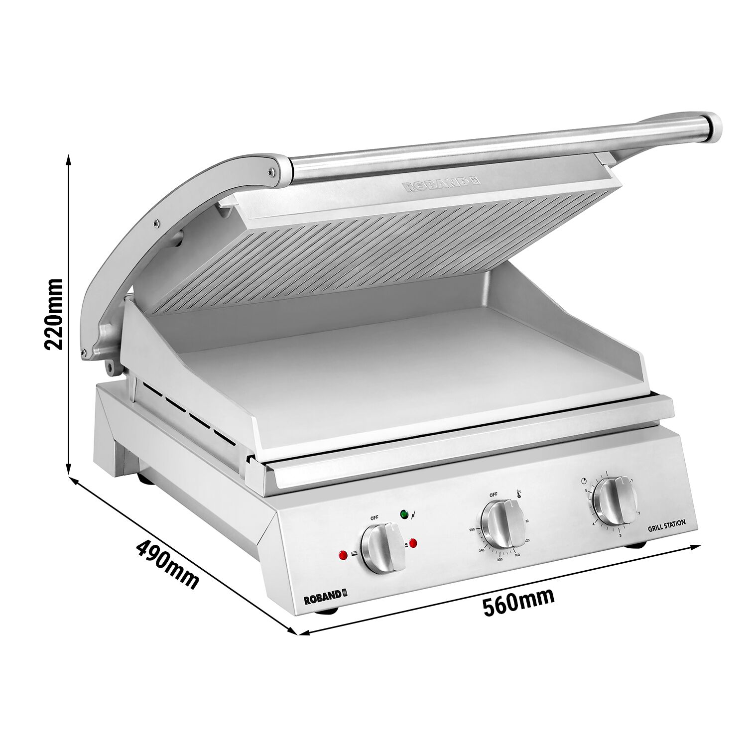 ROBAND | Presse à Panini / Gril de contact – 3,1 kW – plaque supérieure rainurée & plaque inférieure lisse – Surface de cuisson : 500 × 275 mm