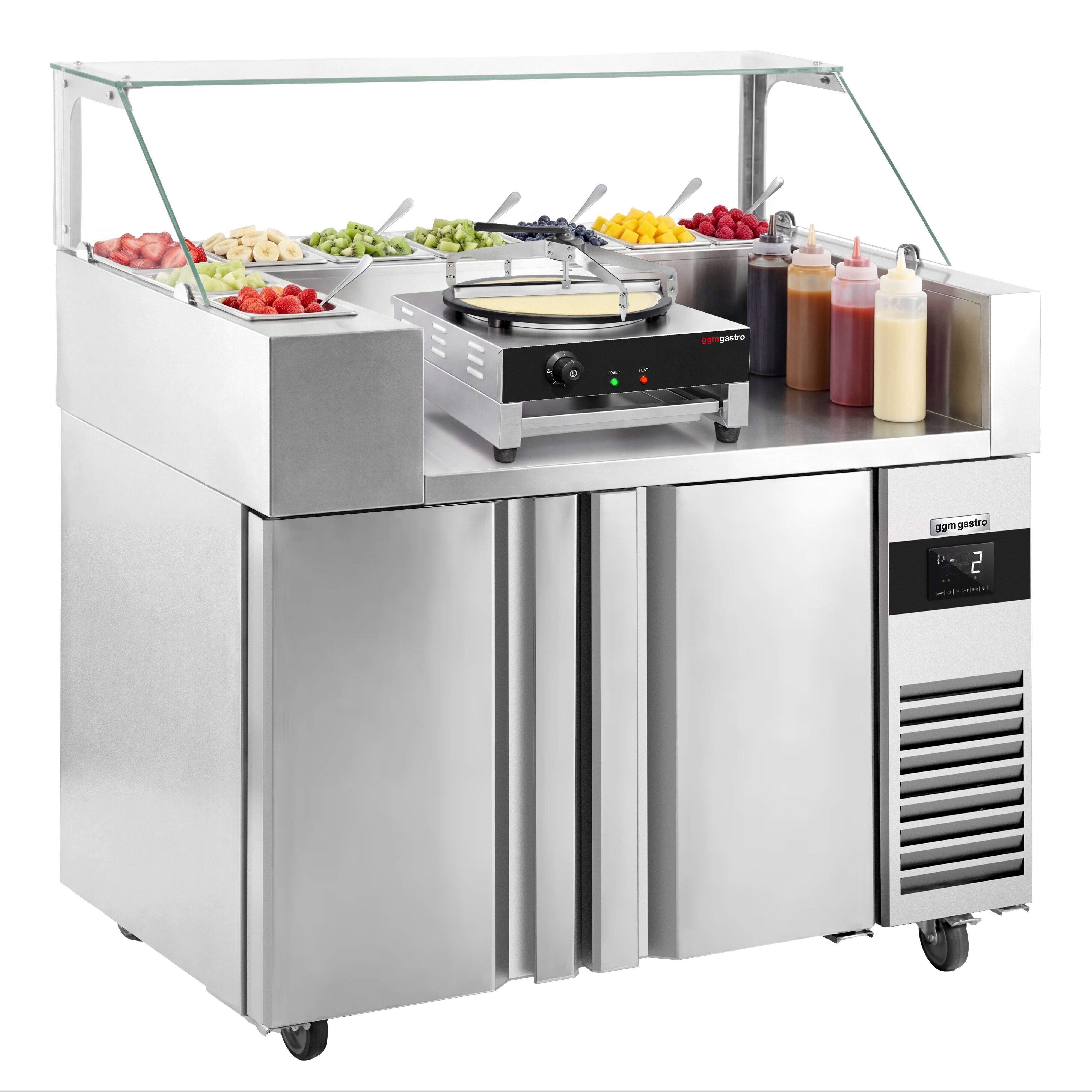 Table de préparation – 1210 mm – 2 portes – pour 9 bacs GN 1/6 – incl. appareil à crêpes & répartiteur de pâte