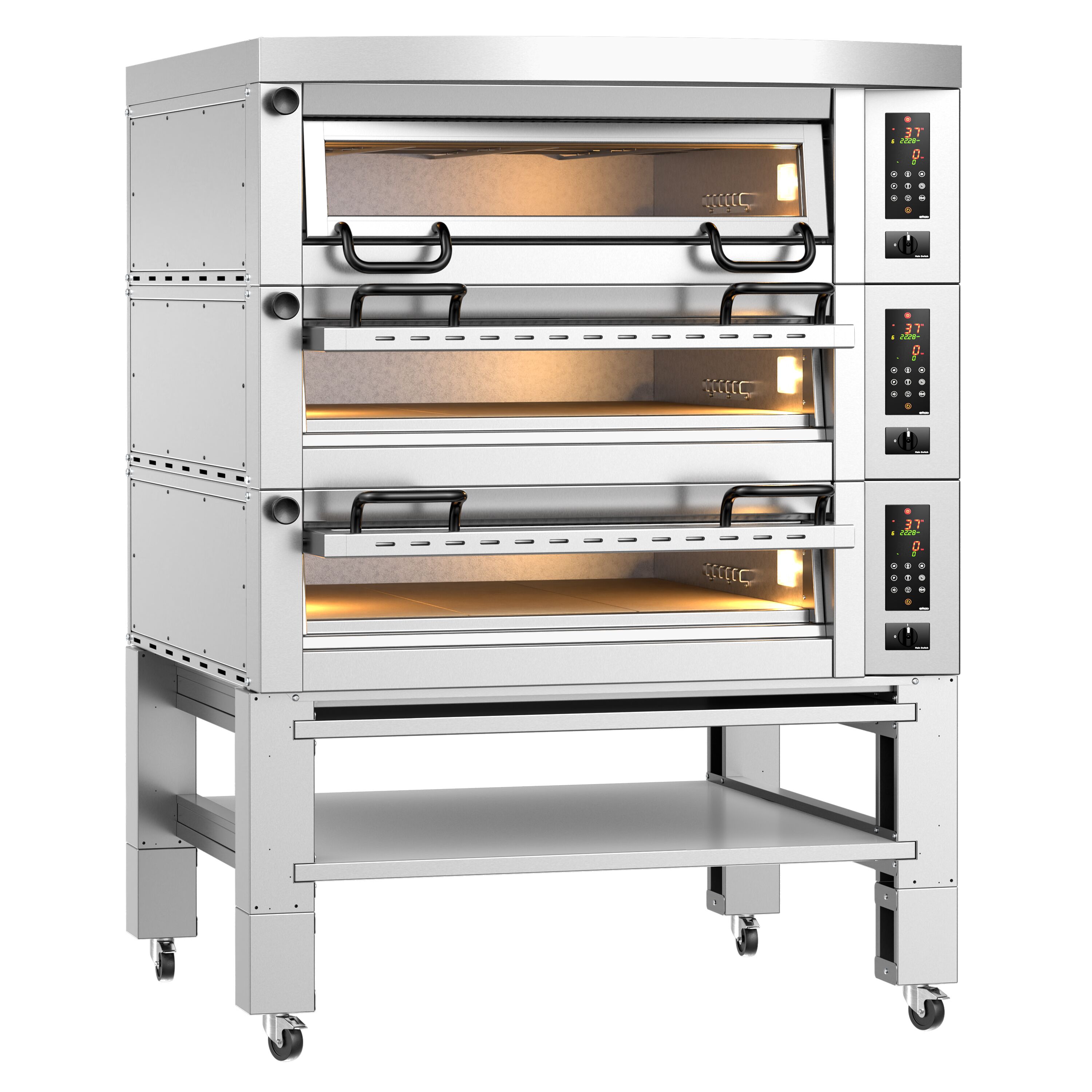 (3 szt.) Elektryczny Piec do pizzy - 3 x 9 x Ø34cm - Panel dotykowy - z okapem i ramą nośną