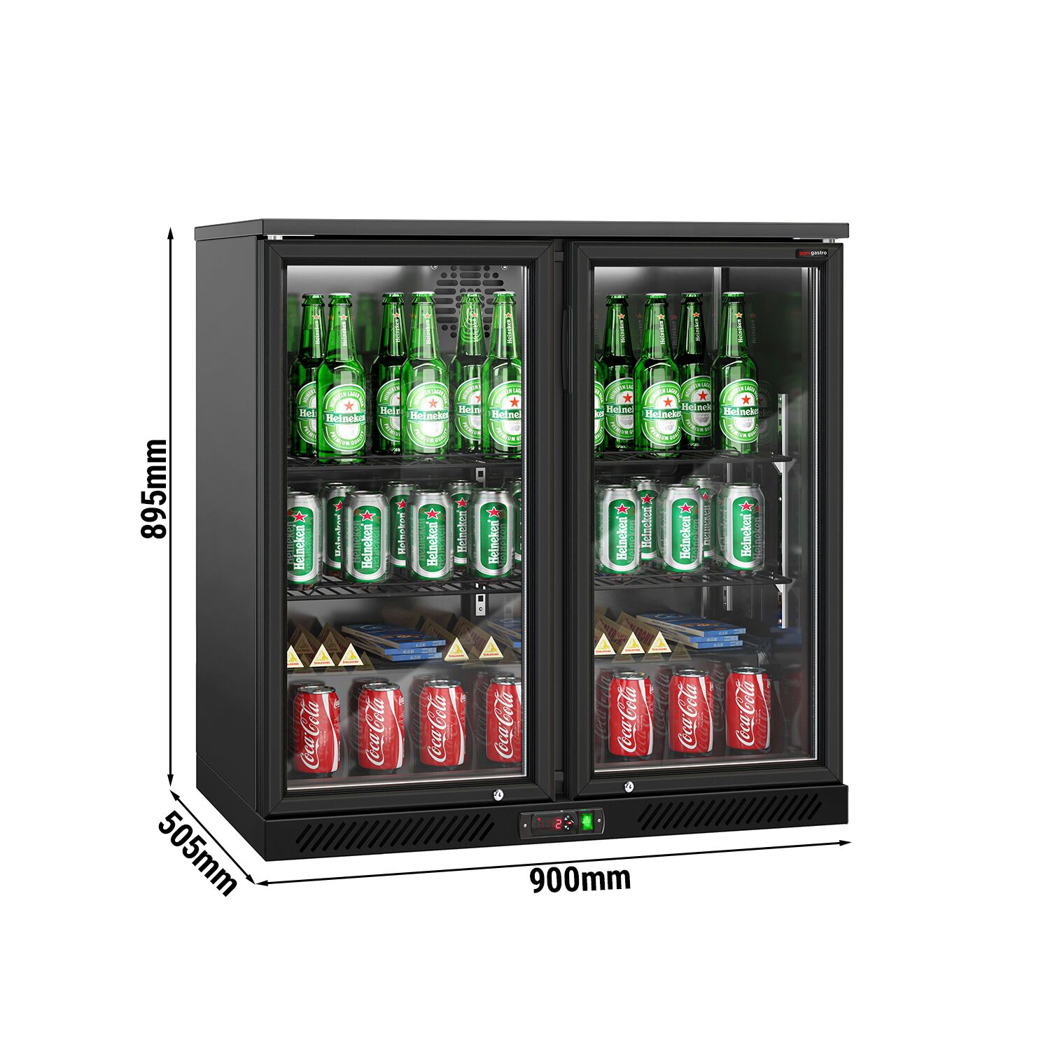 Réfrigérateur de bar – 900 mm – 220 litres – avec 2 portes vitrées battantes – Extérieur & intérieur Noir