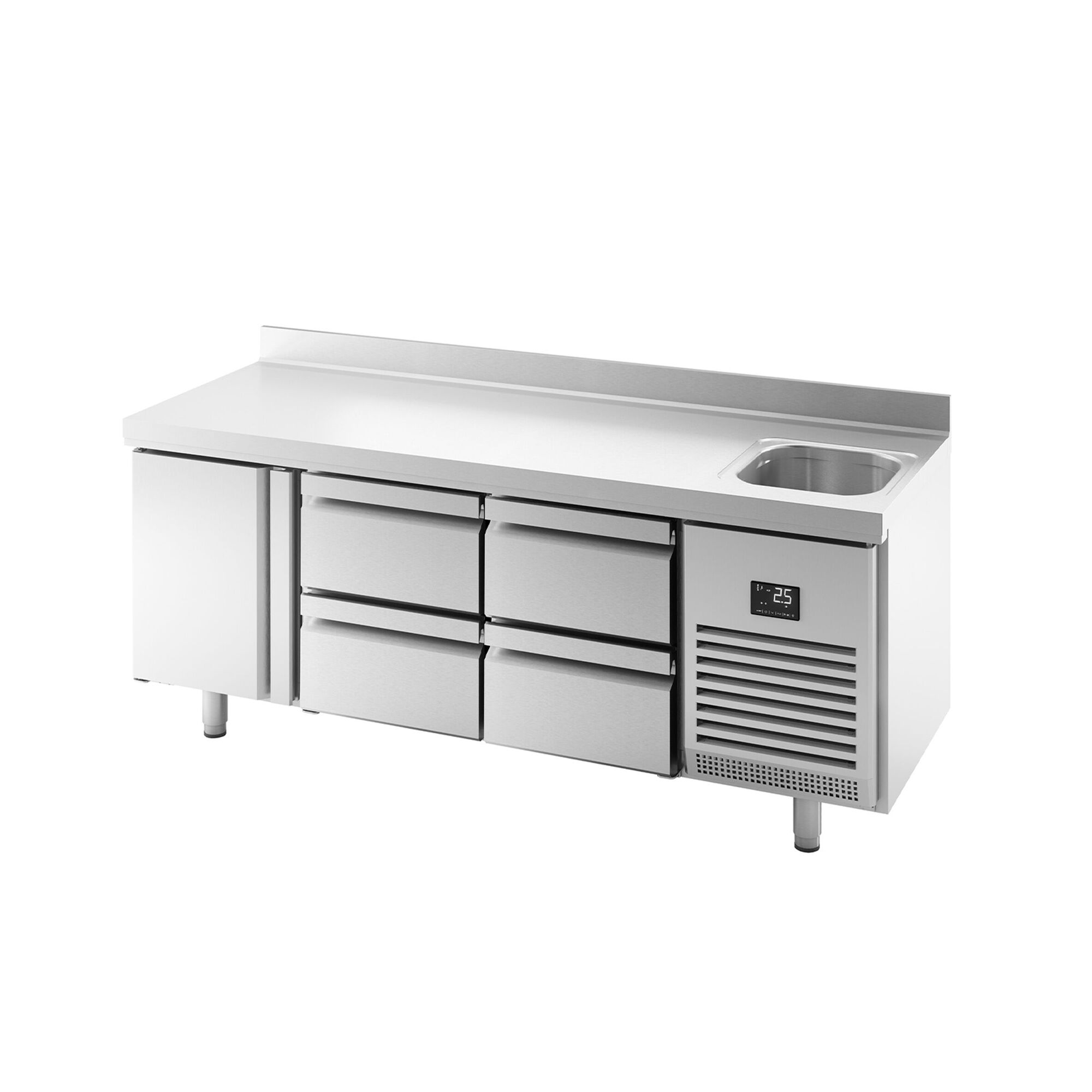 Table réfrigérée Premium PLUS - 1960 x 600 mm - avec 1 bac, 1 porte, 4 tiroirs - dosseret