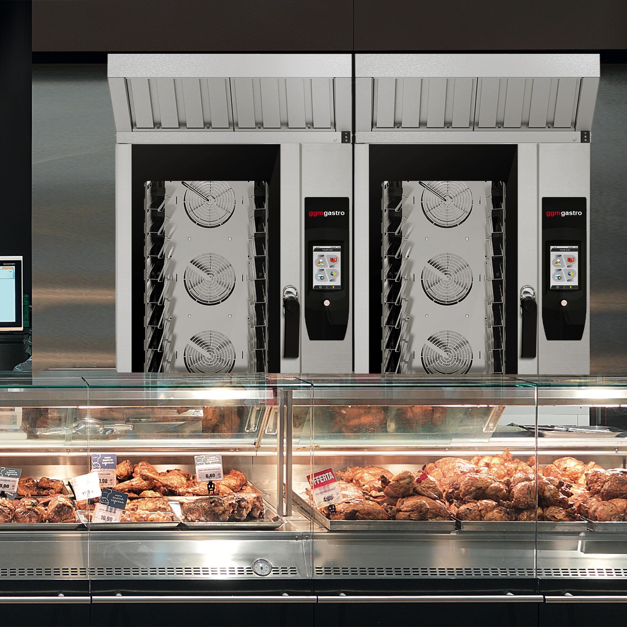 Kombiugn - Touch - 7'' pekskärm - 10x GN 1/1 - inkl. Hähnchengrill, Fettuppsamlingssystem, Underskåp, Automatiskt rengöringssystem & Kärntemperaturnål
