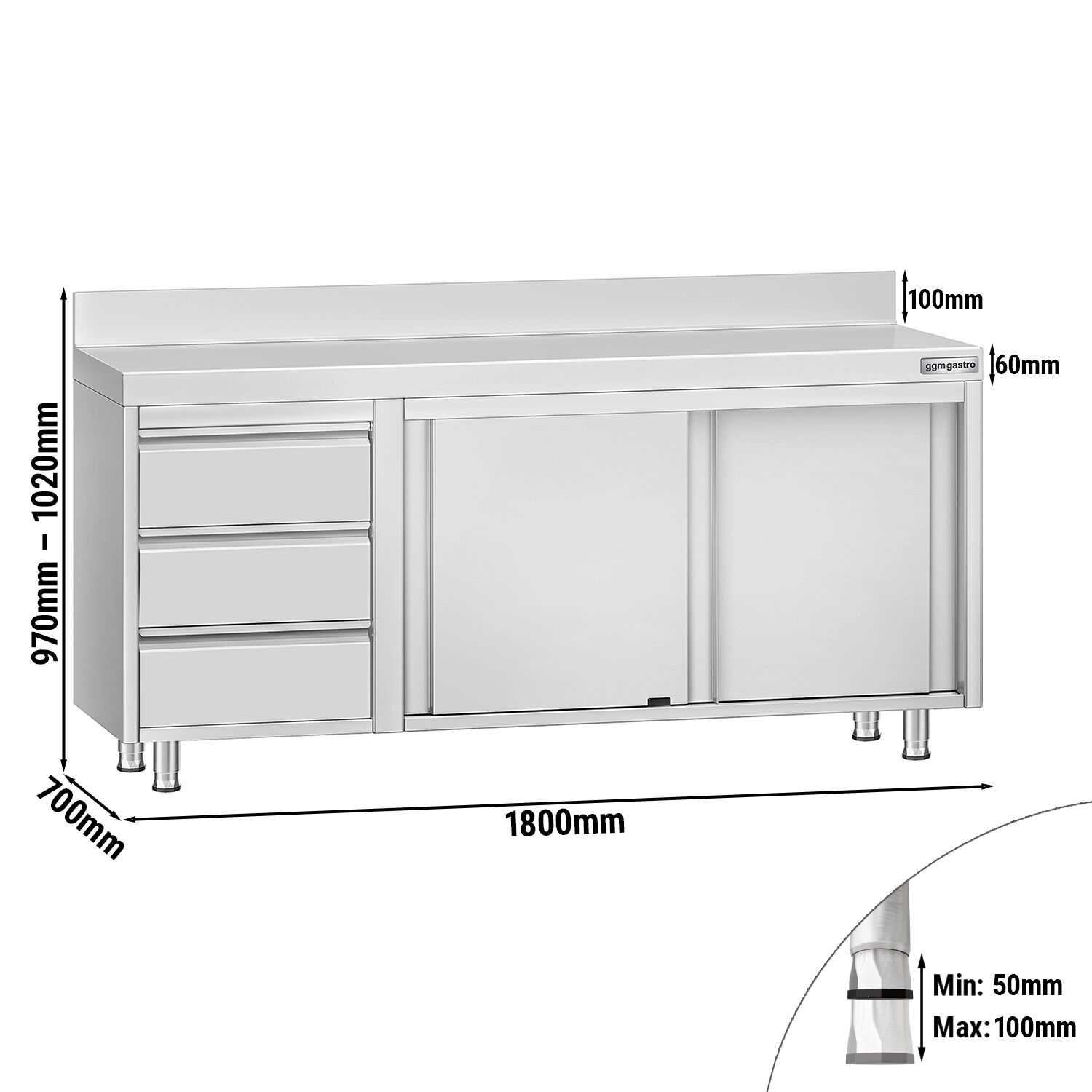 Table armoire en acier inoxydable ECO - 1800x700mm - avec 3 tiroirs à gauche et portes coulissantes - avec dosseret