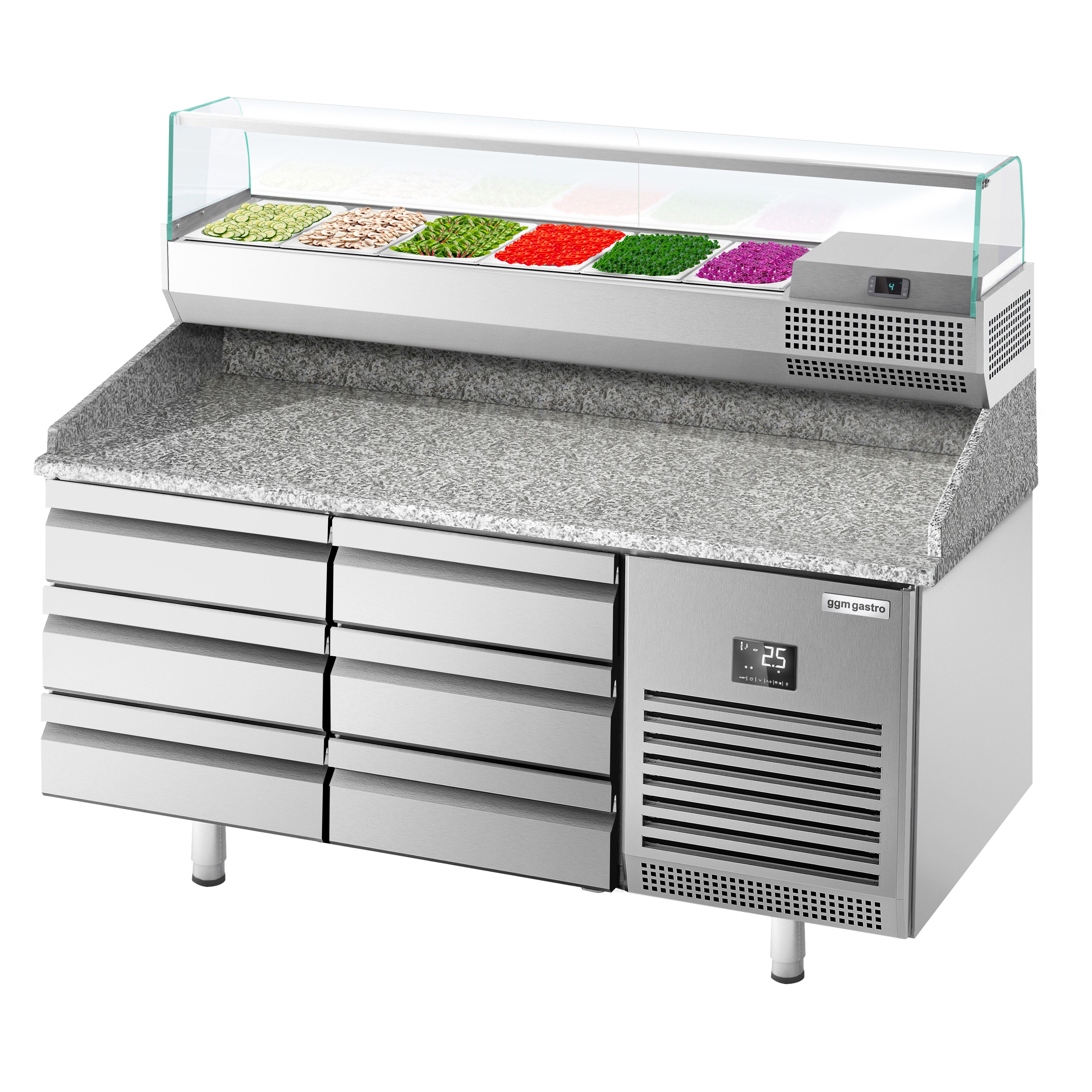 Table réfrigérée à pizza Premium PLUS - 1490x700 mm - avec 6 tiroirs - incl. vitrine réfrigérée - 6x GN 1/4