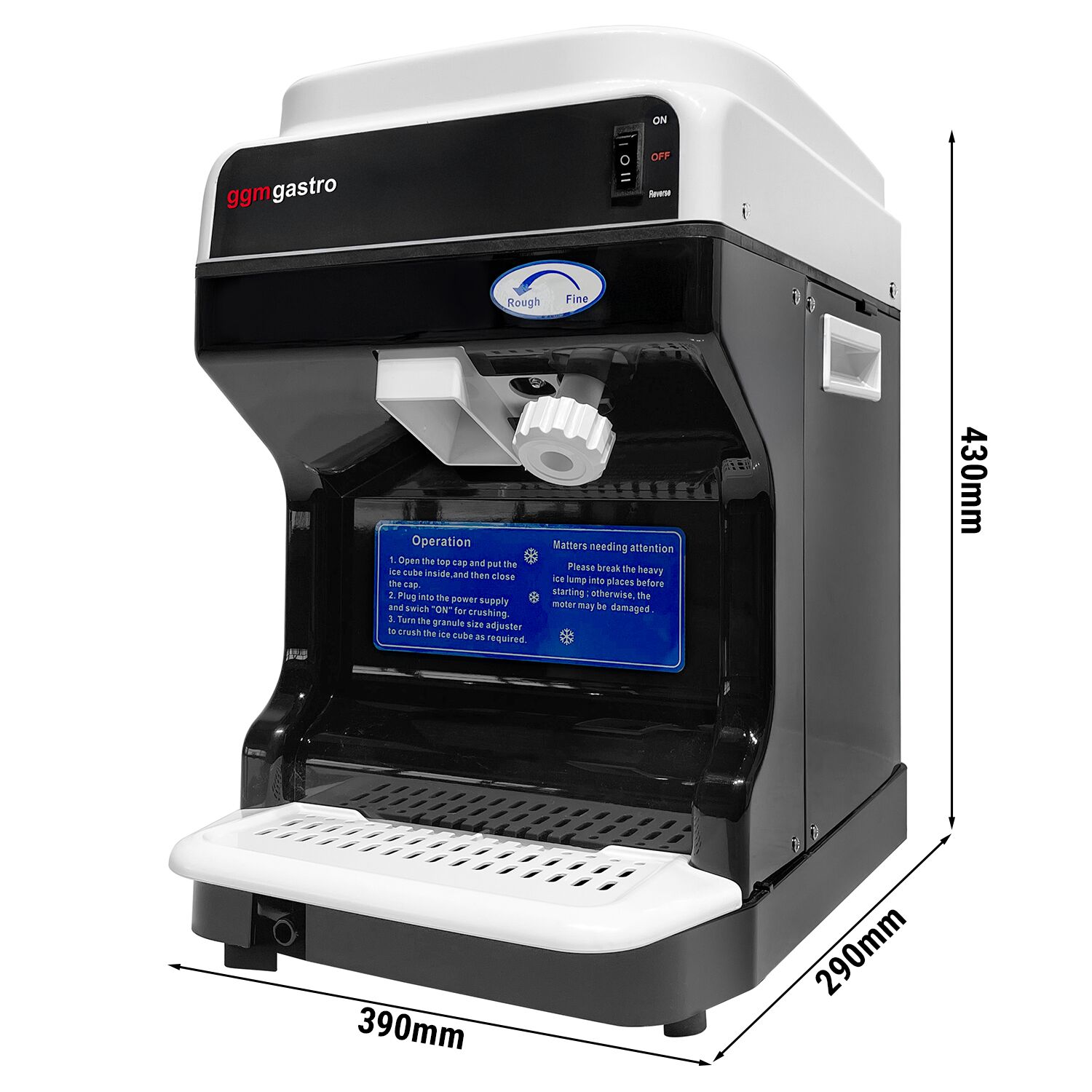 Broyeur à glace - 2,0kg/min - 250W - taille de glace réglable - Noir/Blanc - bac collecteur 2,0kg