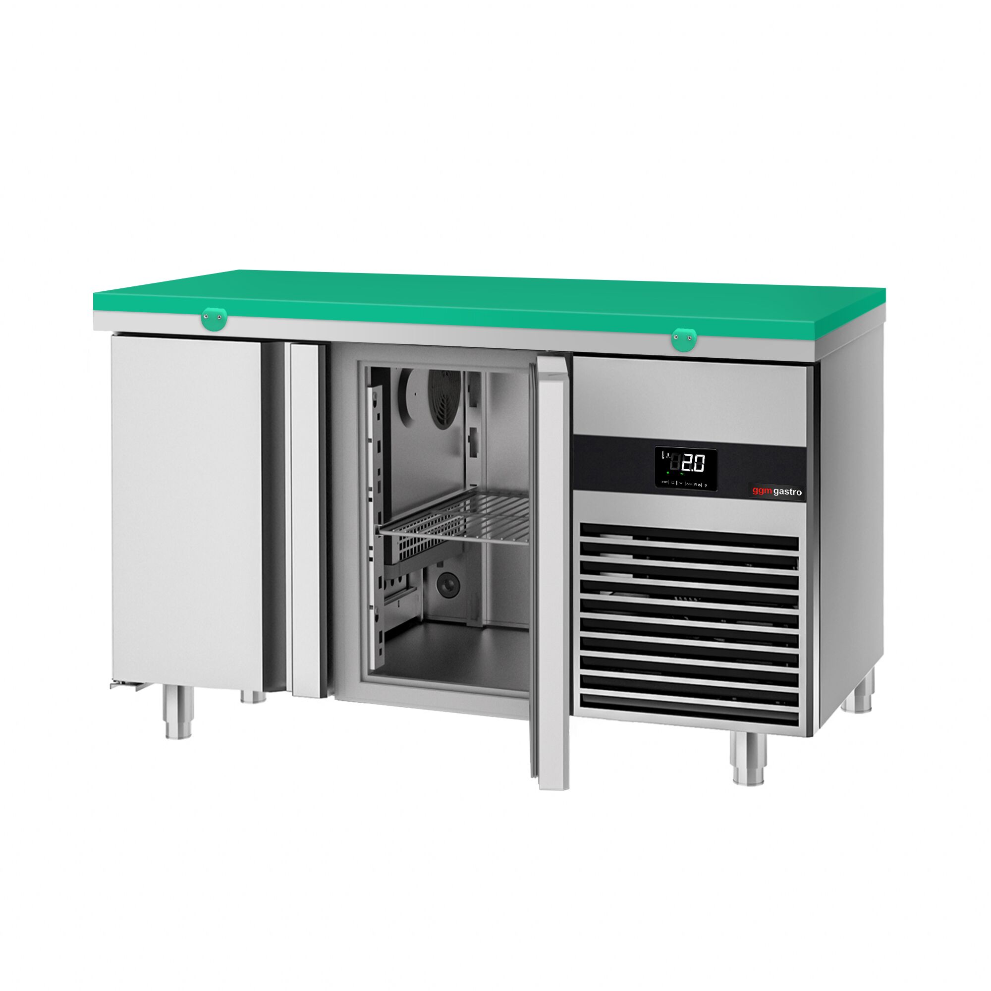Table réfrigérée PREMIUM - 1400 x 700 mm - avec 2 portes - avec planche à découper verte incluse