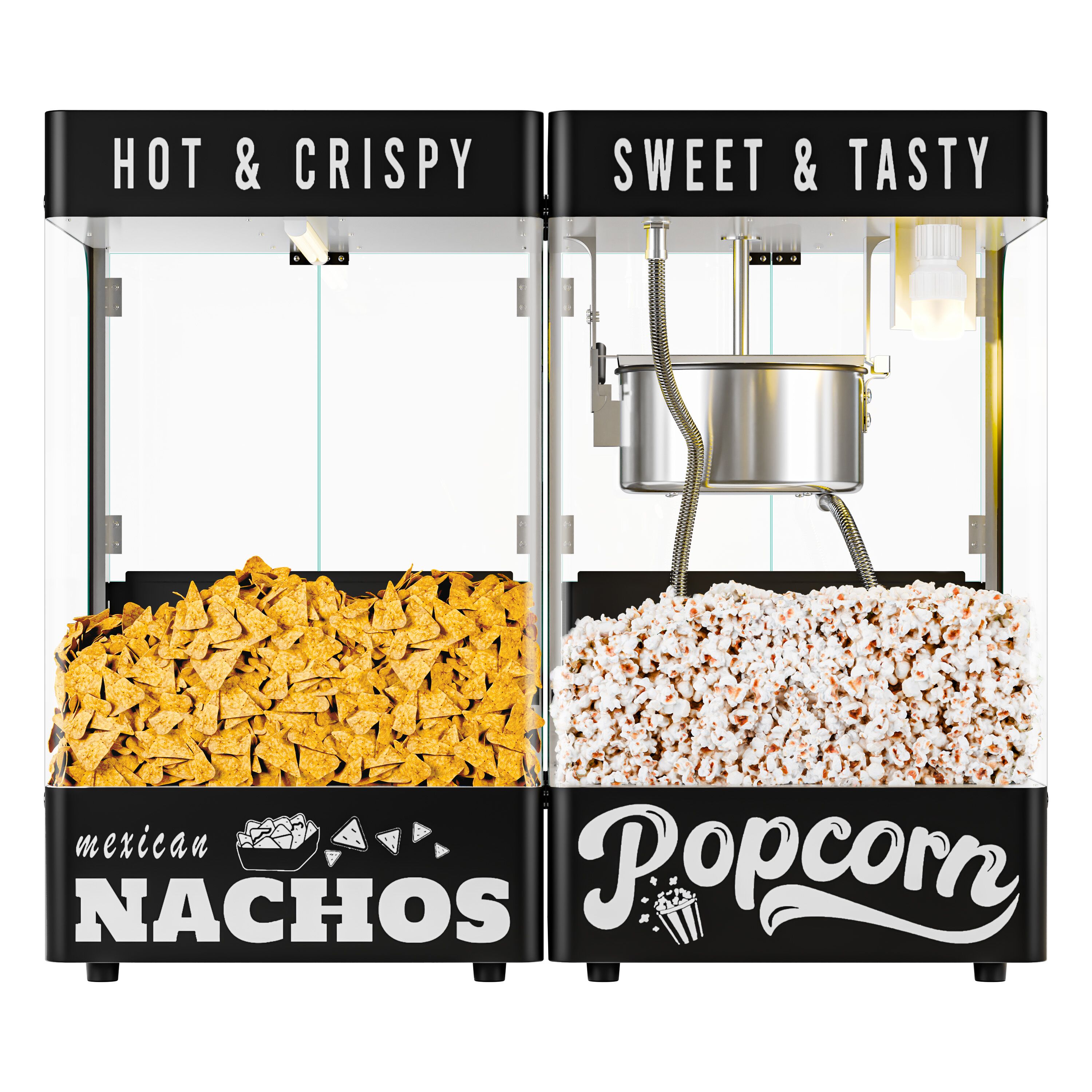 Machine à popcorn avec chauffe-nachos / chauffe-chips - 1,31 kW - 5 kg/h - avec 1 cuve - Noir