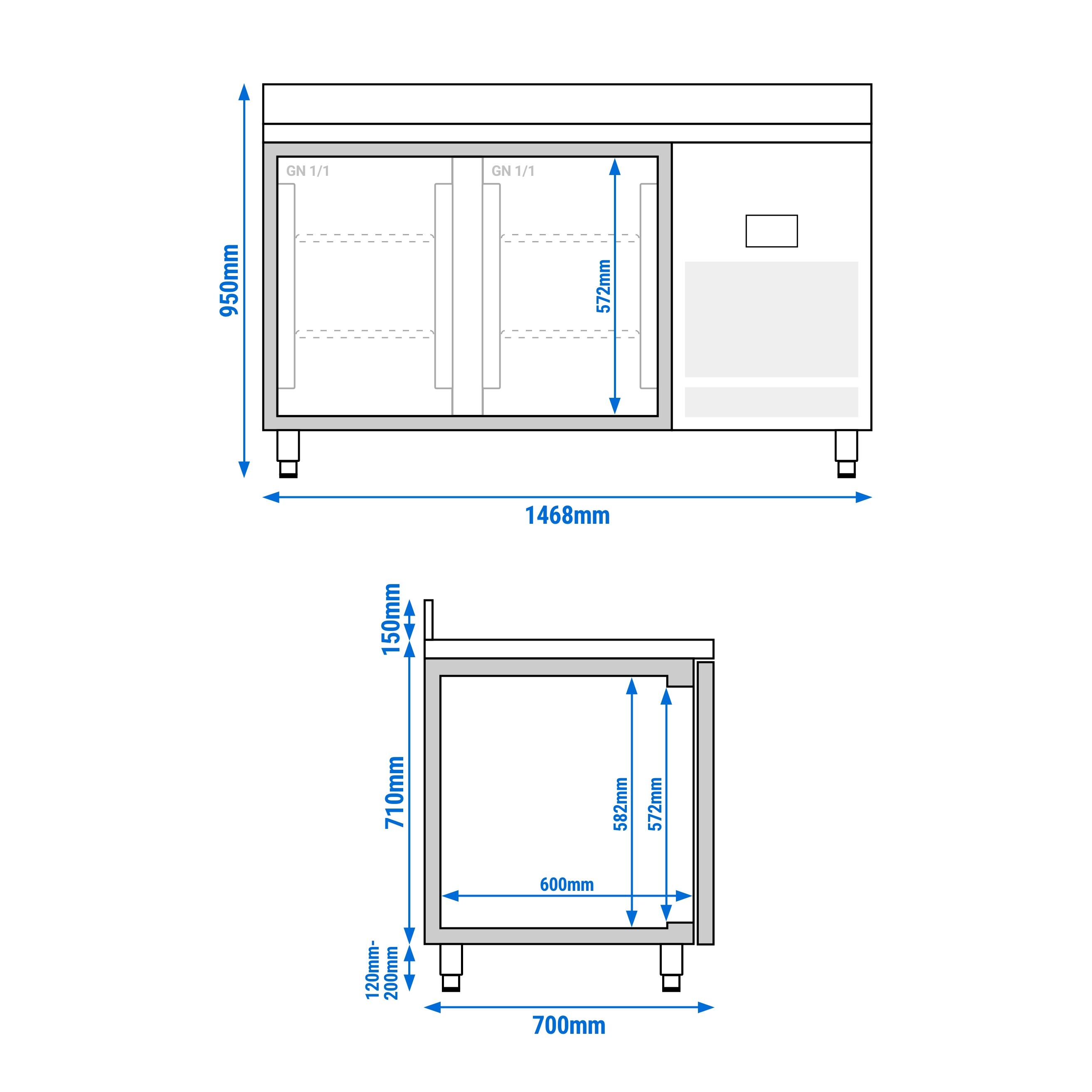 Table réfrigérée Premium PLUS - 1468x700 mm - avec 2 portes vitrées et rebord