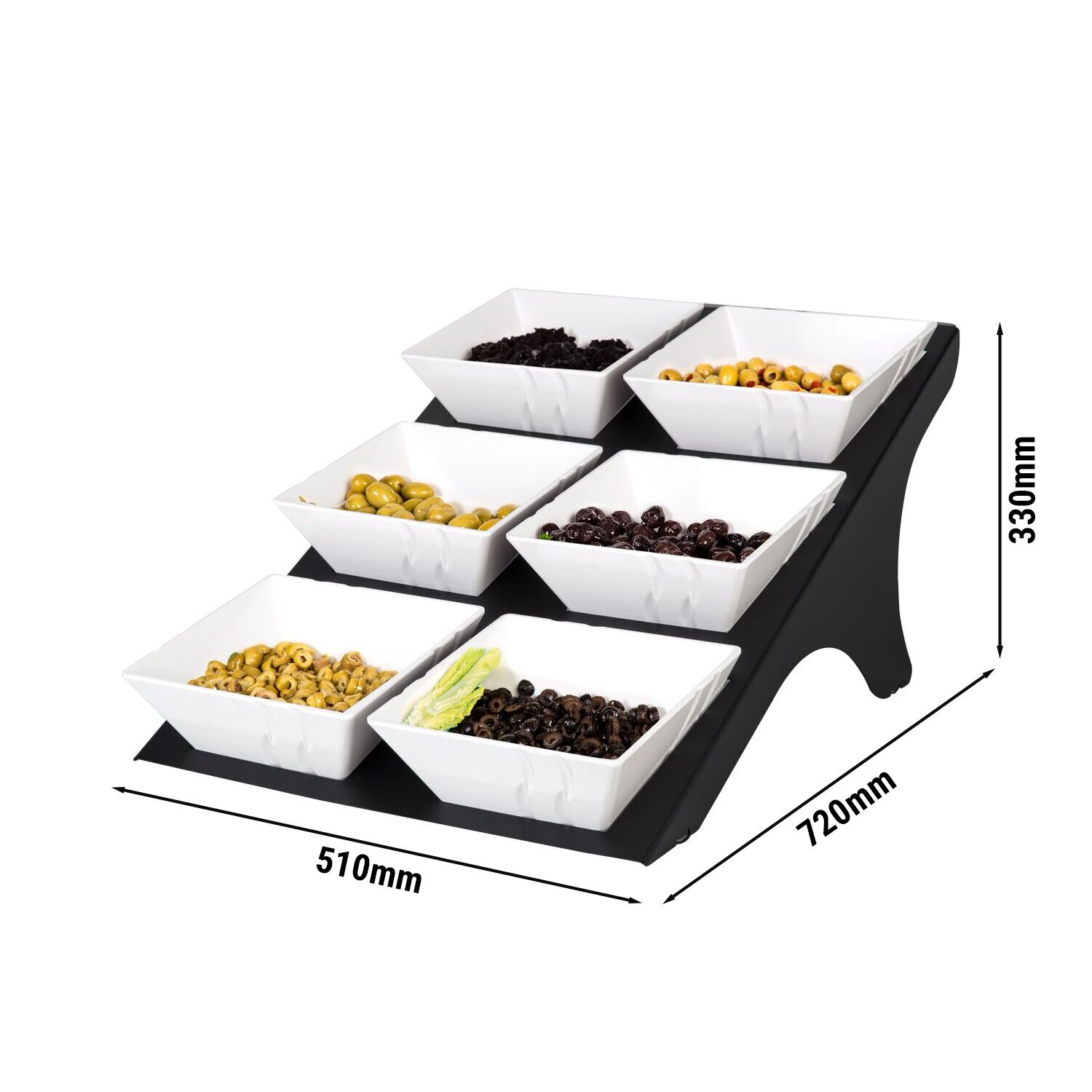 Présentoir buffet / étagère - noir - incl. 6 bols en mélamine - rectangulaires