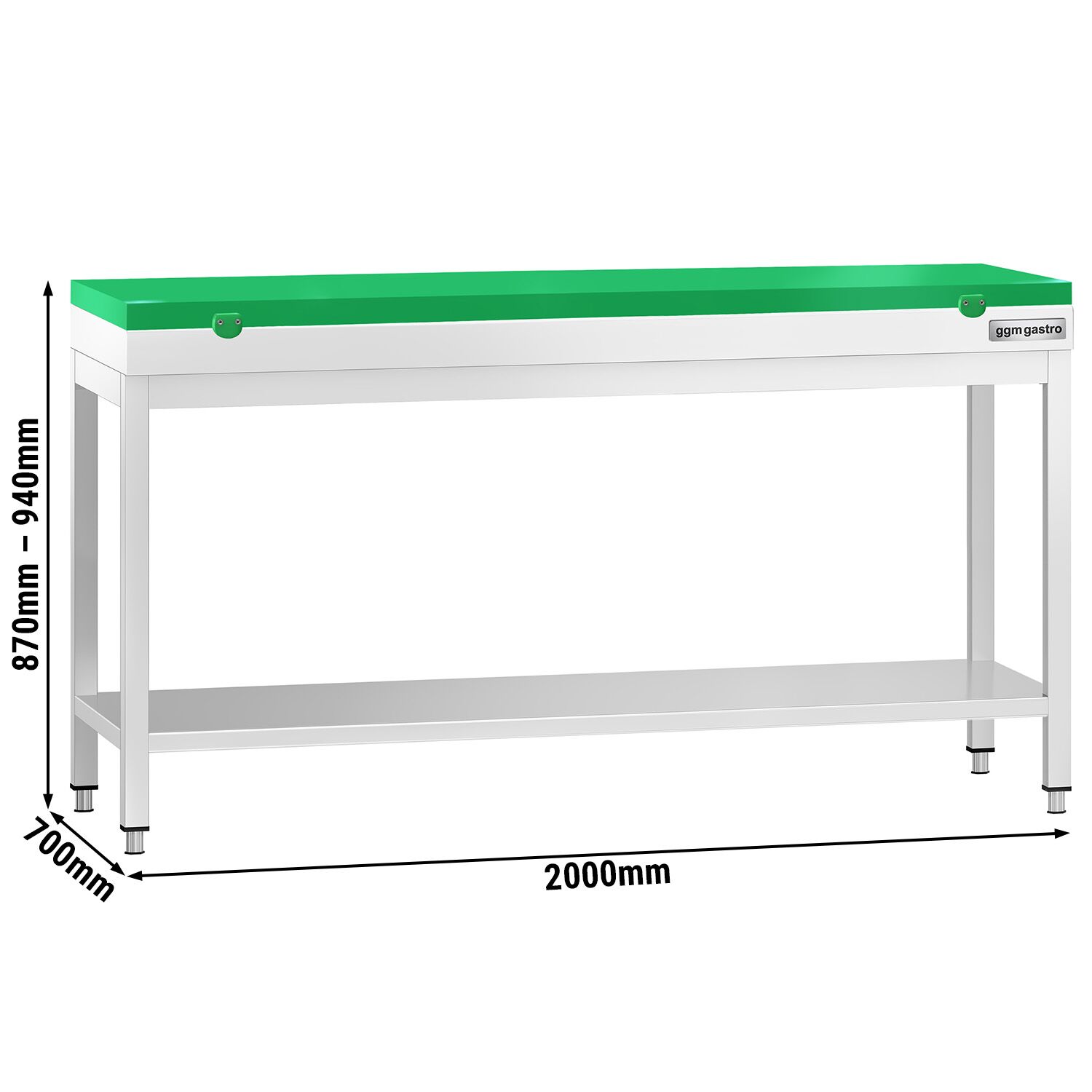 Table de travail inox PREMIUM - 2000 x 700 mm - avec tablette inférieure - incl. Planche à découper Verte