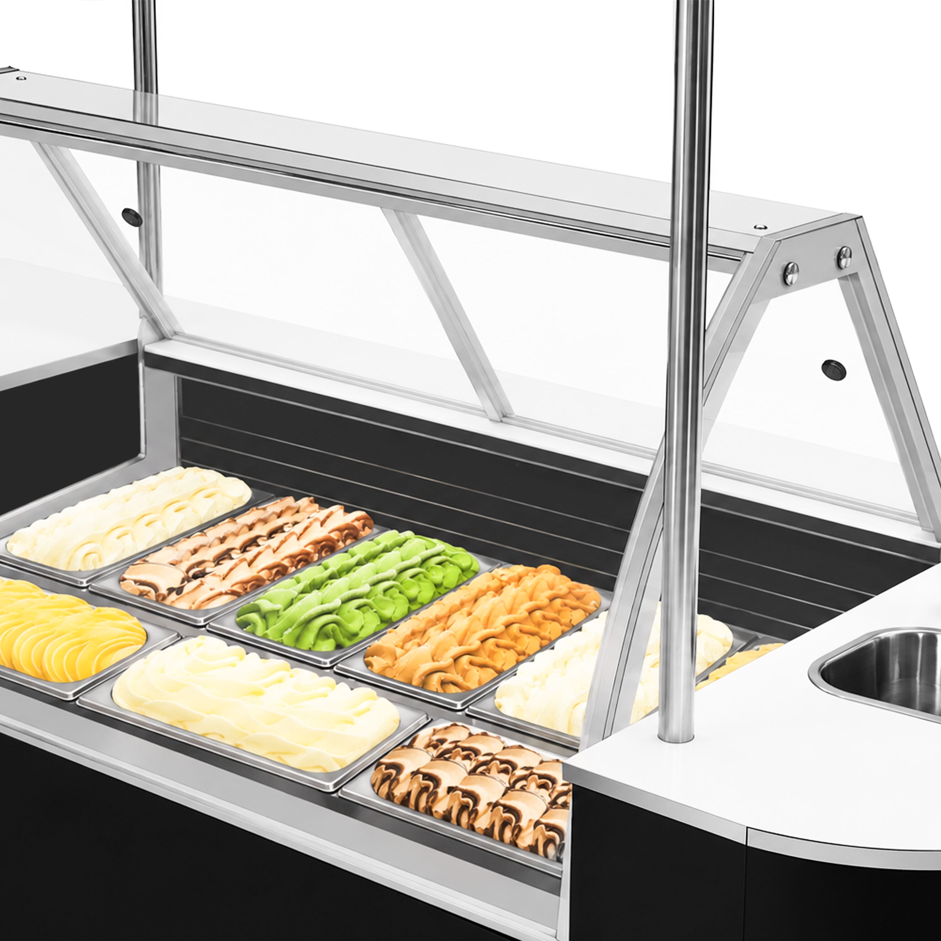 Chariot à glace – 2146 mm – avec évier et vitrine à glace ronde – pour 9 bacs à glace de 5 litres
