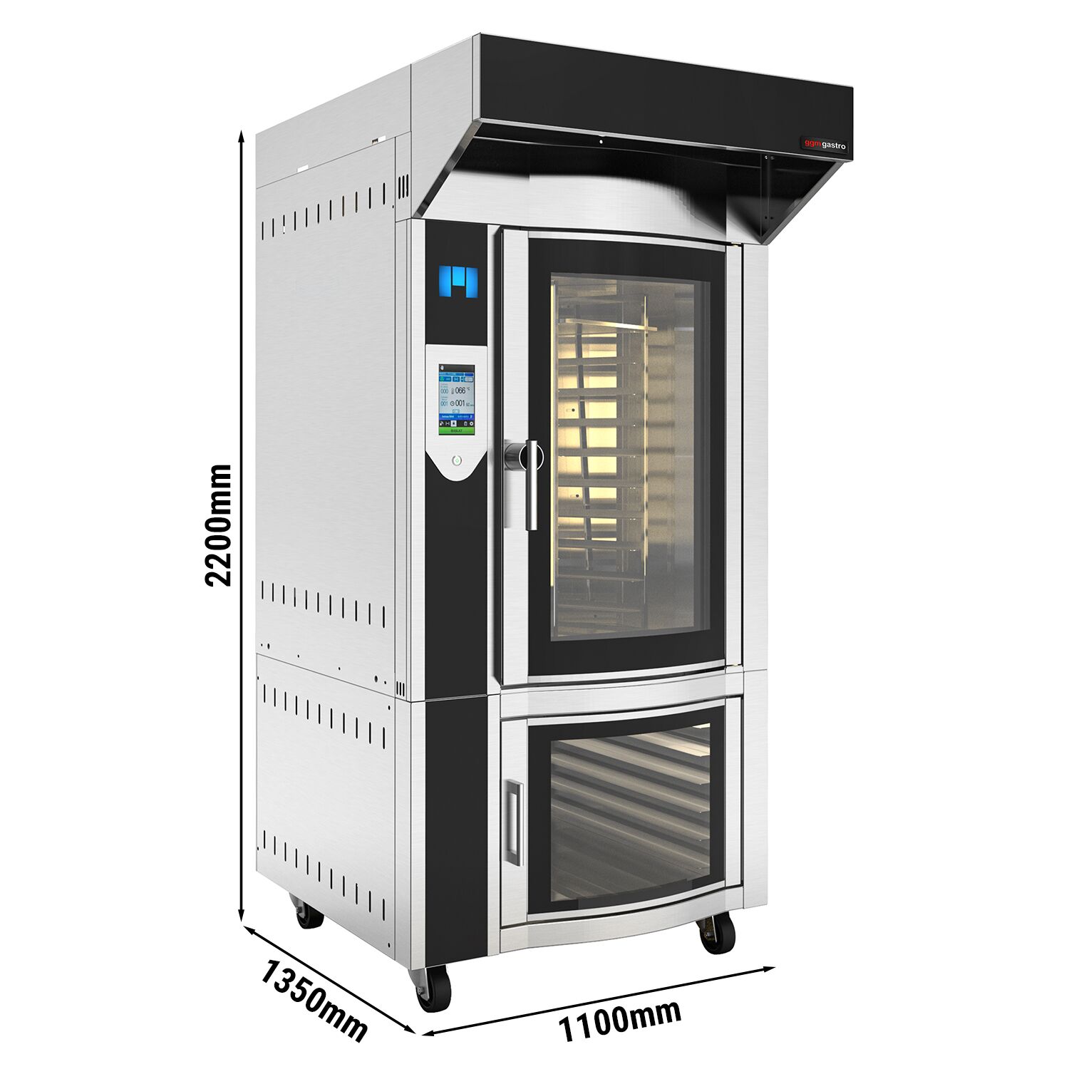 Four à chariot rotatif Électrique Four à convection avec injection d’eau - Écran tactile - 10 niveaux 600x400mm - Acier inoxydable - avec hotte & armoire de fermentation