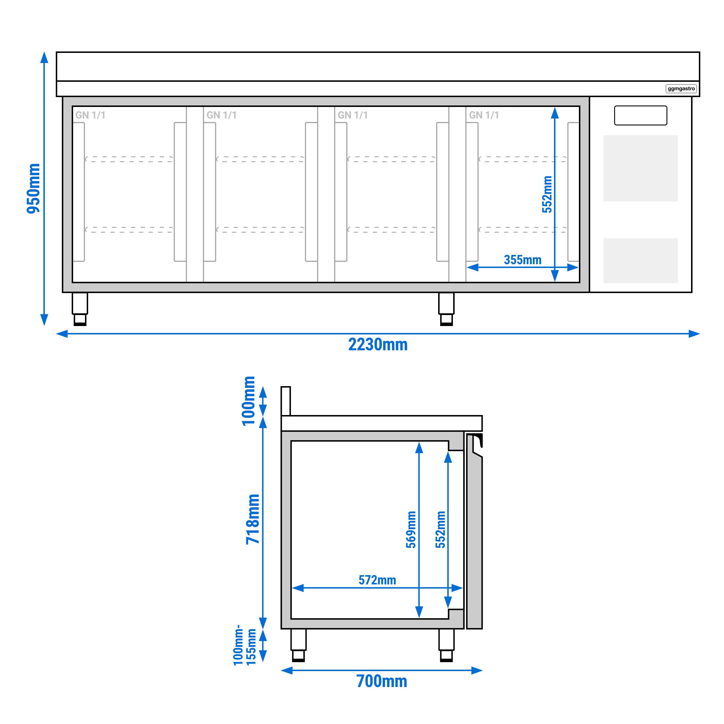 Table réfrigérée ECO - 2230x700 mm - avec 4 portes - avec dosseret & écran moderne