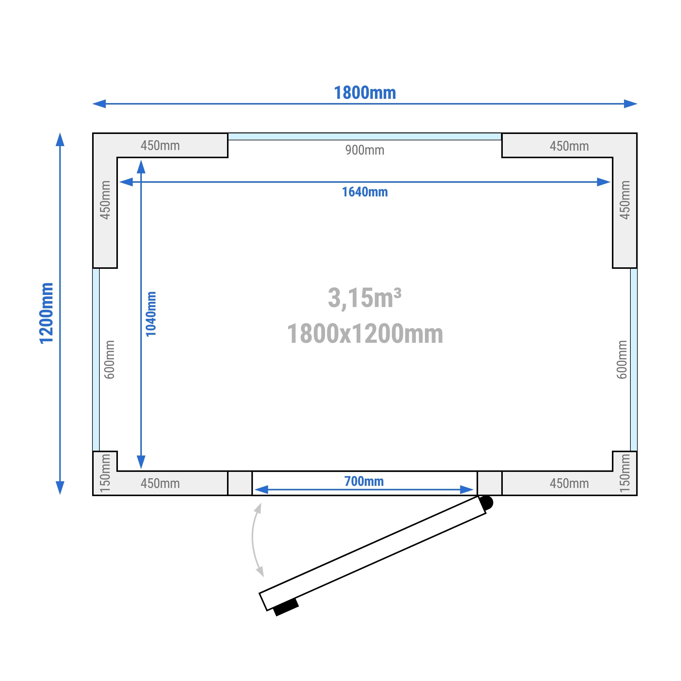 Chambre froide - 1800 x 1200 mm - 3,15 m³ - avec 3 côtés en verre