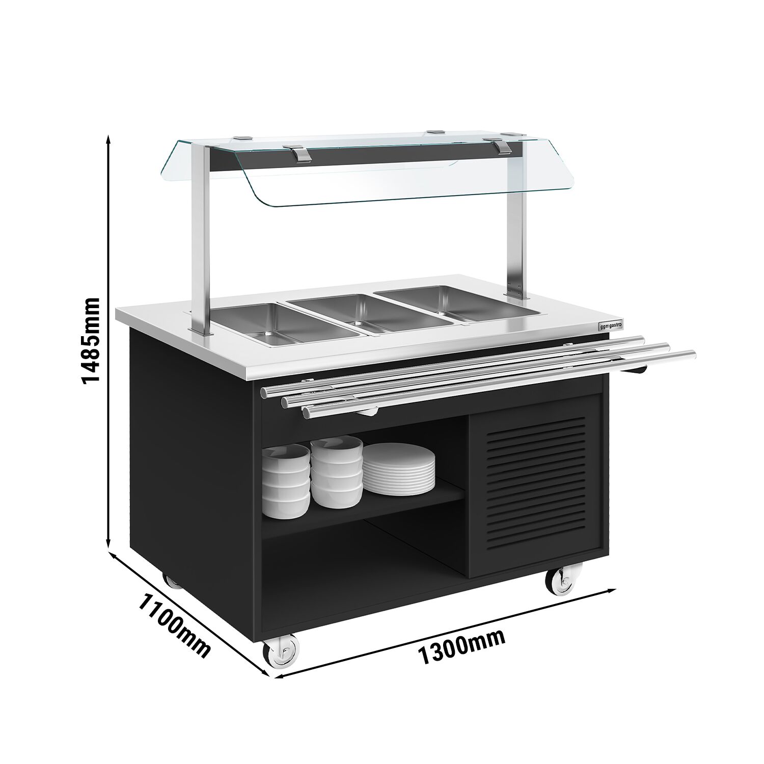 Buffet réfrigéré DANZIG - 1300mm - 3 bacs GN 1/1 - avec Glissière pour plateaux - Noir