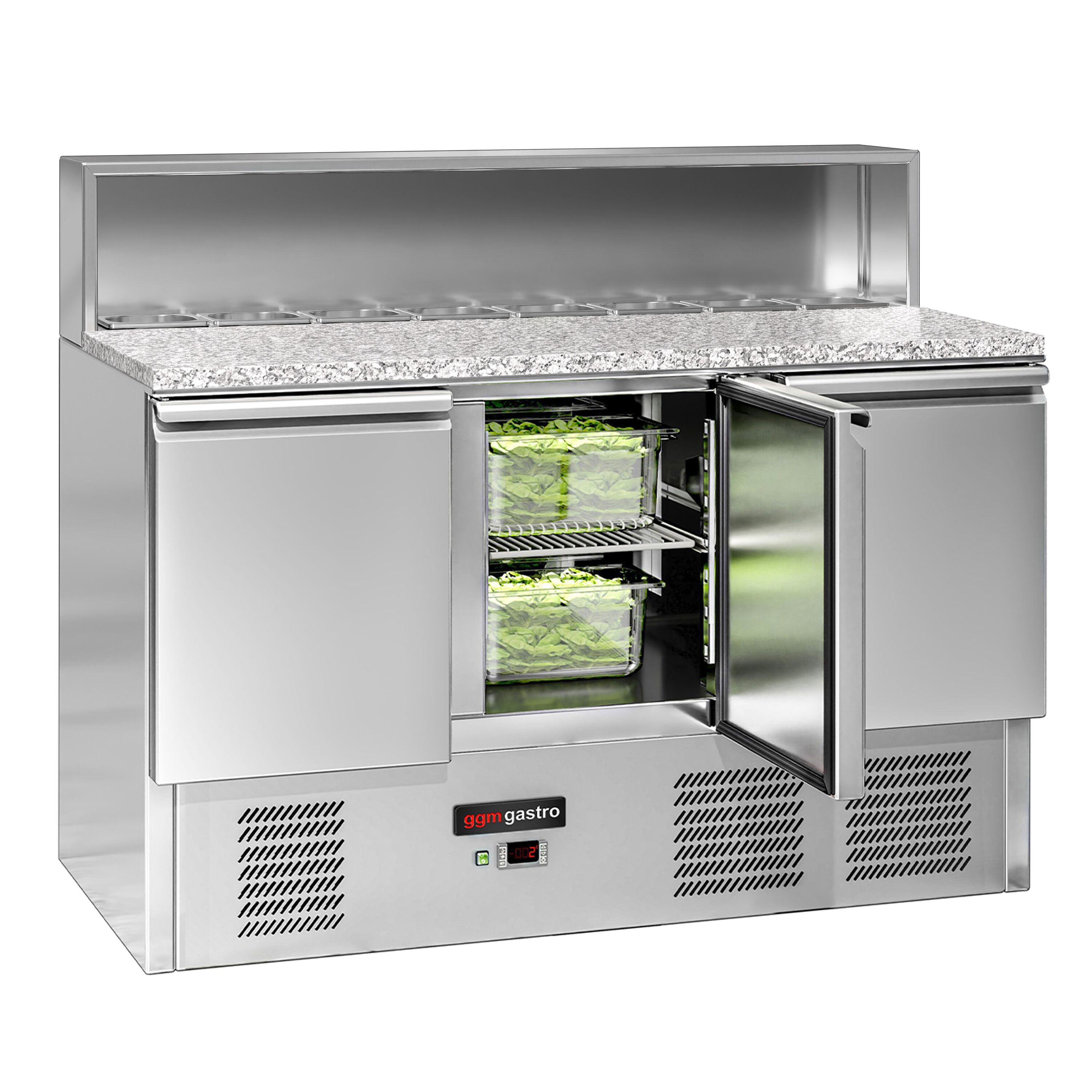 Saladette réfrigérée ECO - 1368mm - 402L - 3 portes - avec découpe pour 8x GN 1/6 & Couvercle inox - plan de travail en granit noir