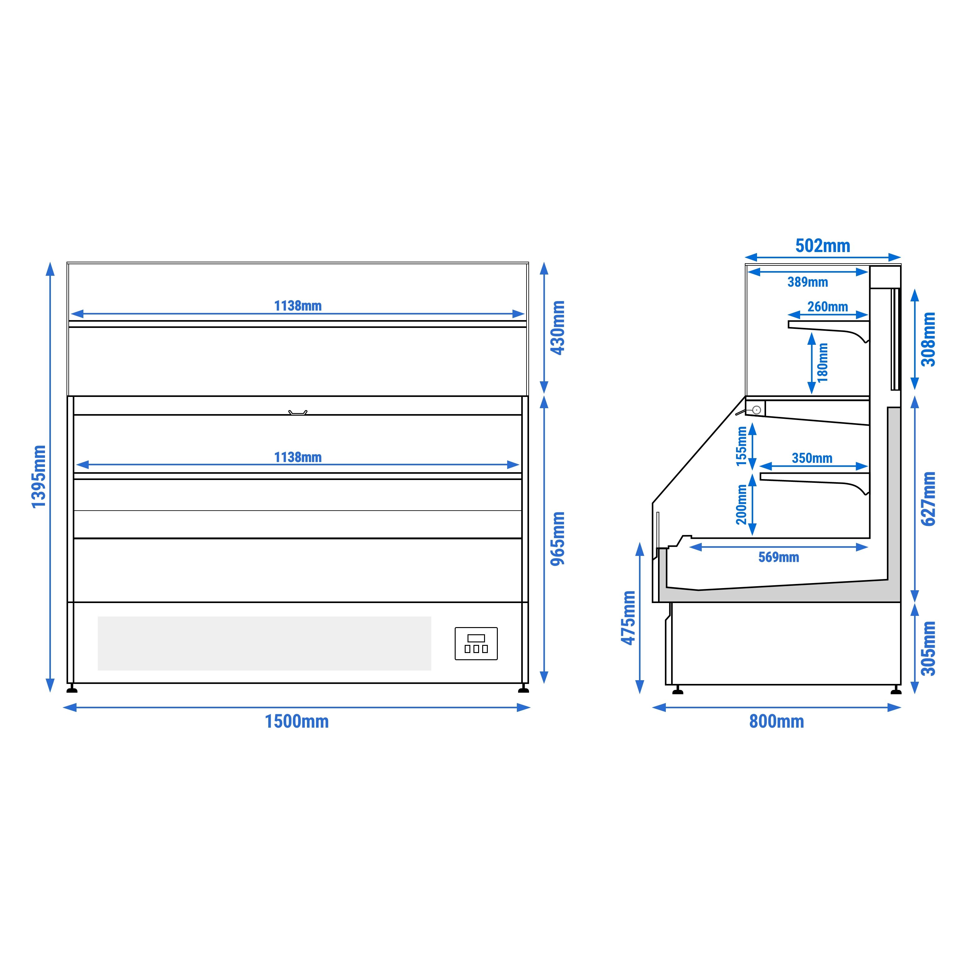 Comptoir vitrine réfrigérée Helsinki - 1500x800mm - 251L - 4 étagères - +2/+8°C - Portes coulissantes vitrées