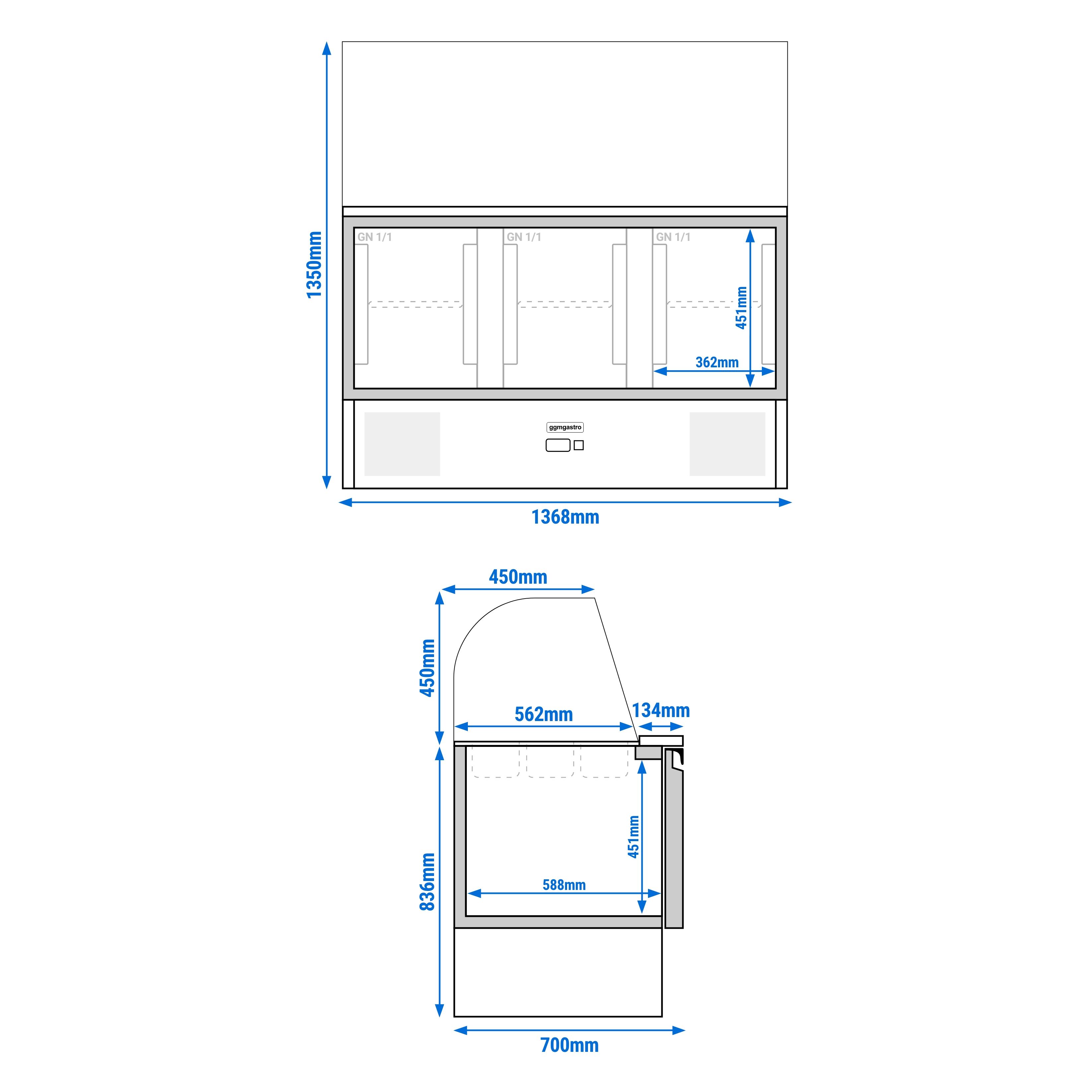Saladette réfrigérée PREMIUM - 1368mm - 368L - 3 portes - avec vitrine de comptoir pour 4x GN 1/1