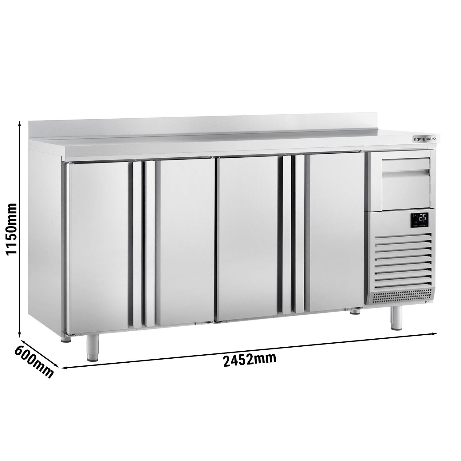 Arrière-bar réfrigéré professionnel  Premium PLUS - 2450 x 600 mm - avec 4 portes, dosseret et tiroir à marc de café