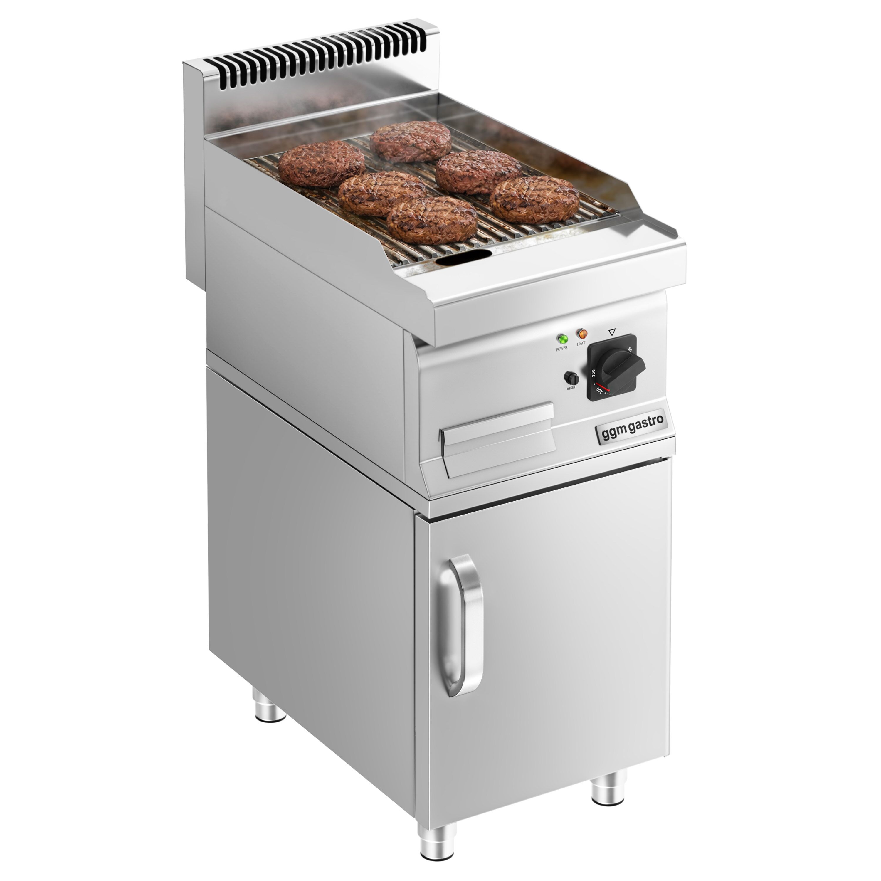 Commercial Electric Griddle - 3.6kW - Ribbed Plate - Cooking area: 395x535mm - with Cabinet Base - 1 Door