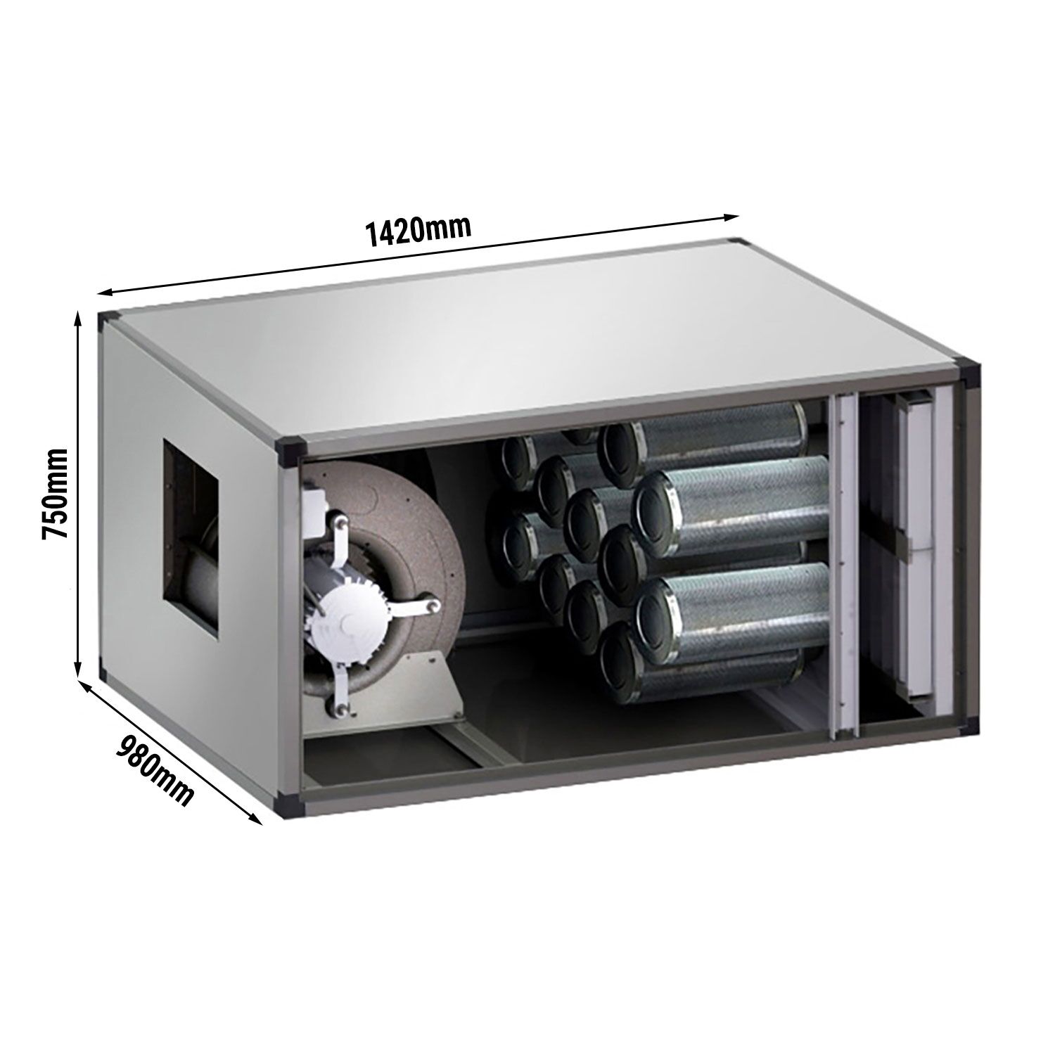 Système de purification d’air extrait avec moteur – 7 000 m³/h – taux de séparation 70 % – avec préfiltre et filtre à charbon actif