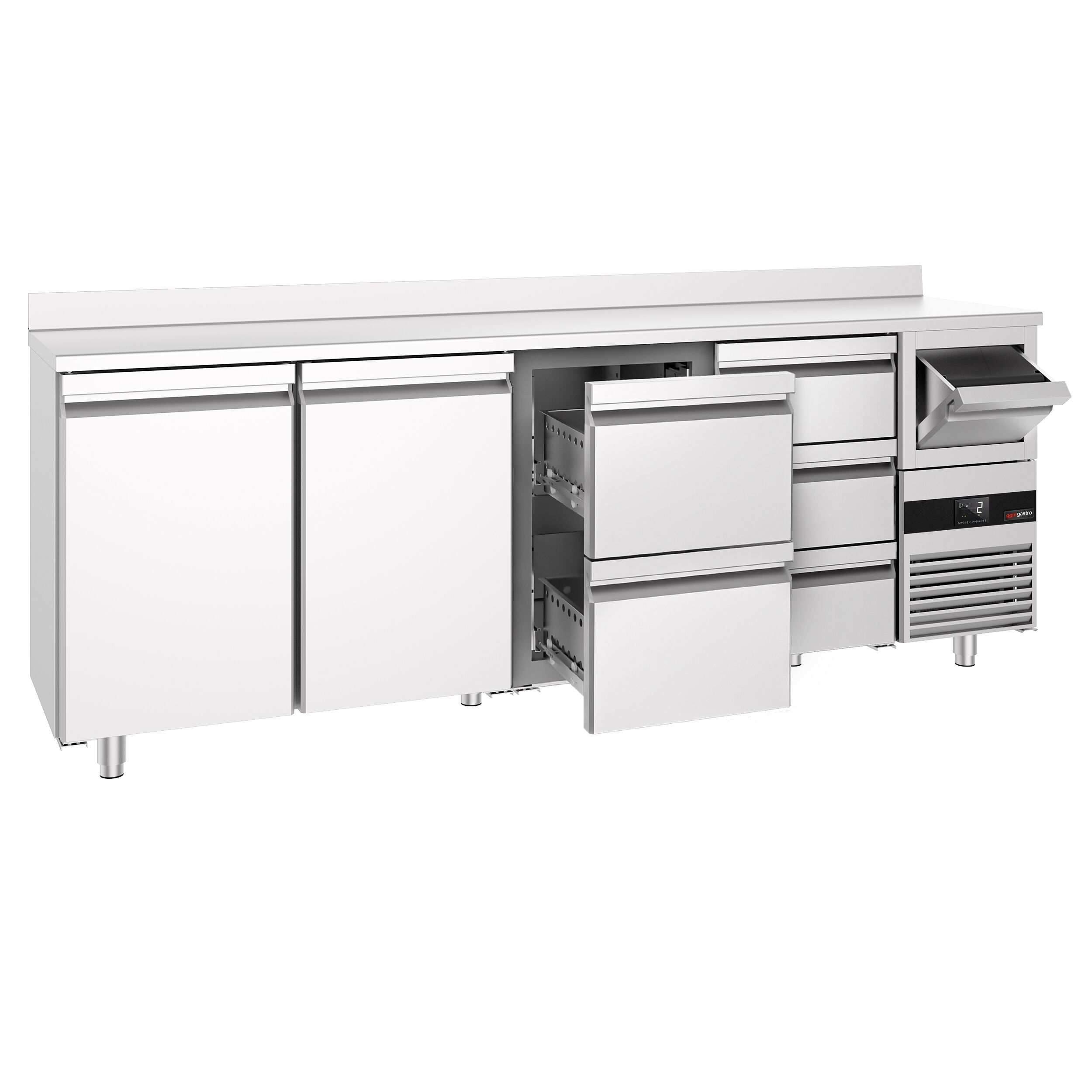 Arrière-bar réfrigéré professionnel PREMIUM - 2690 x 600 mm - avec 2 portes et 5 tiroirs - avec dosseret - avec tiroir à marc de café