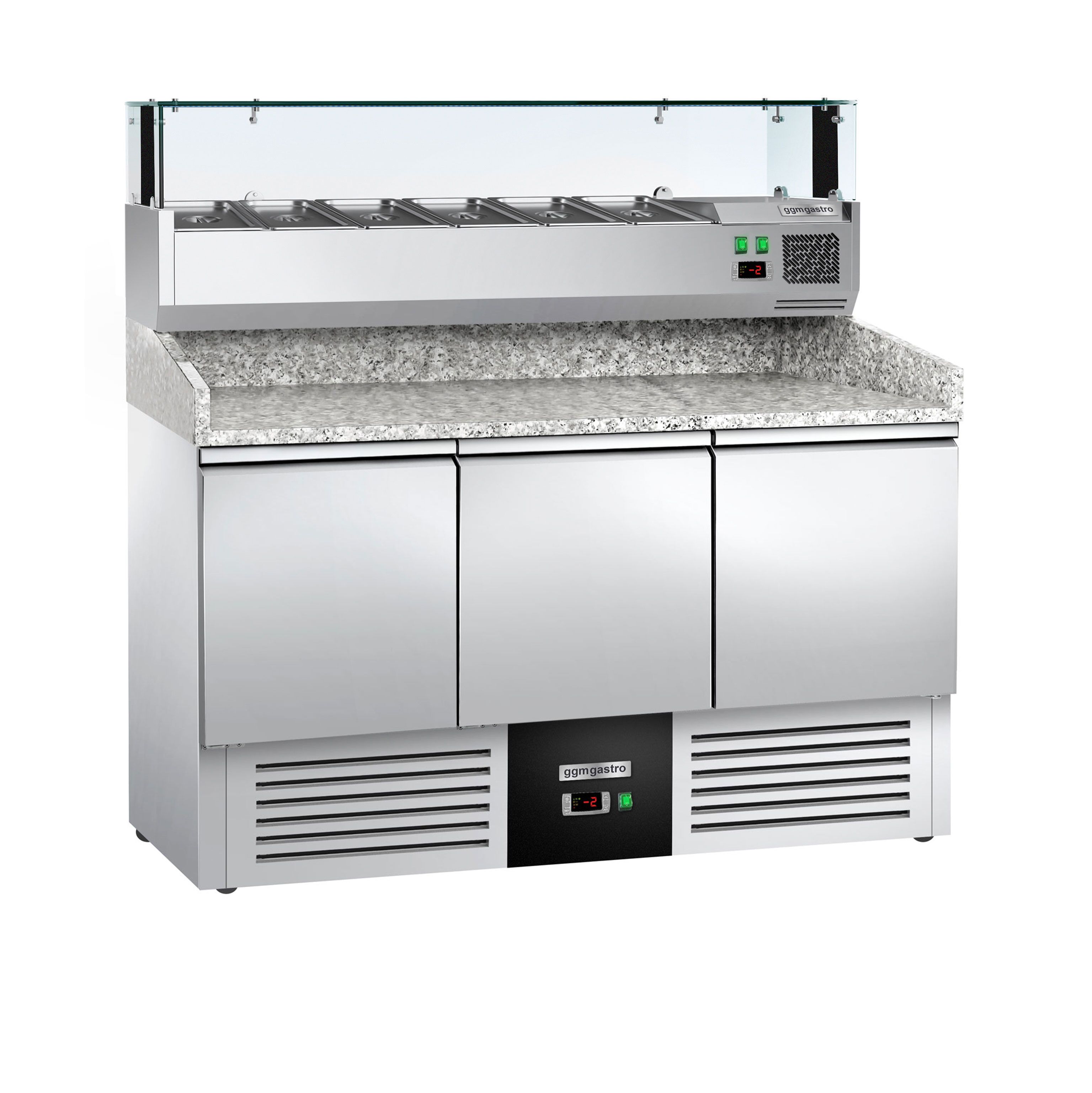 Table réfrigérée pour pizza PREMIUM - 1400 x 700 mm - 3 portes - incl. vitrine réfrigérée - 6 x GN 1/4