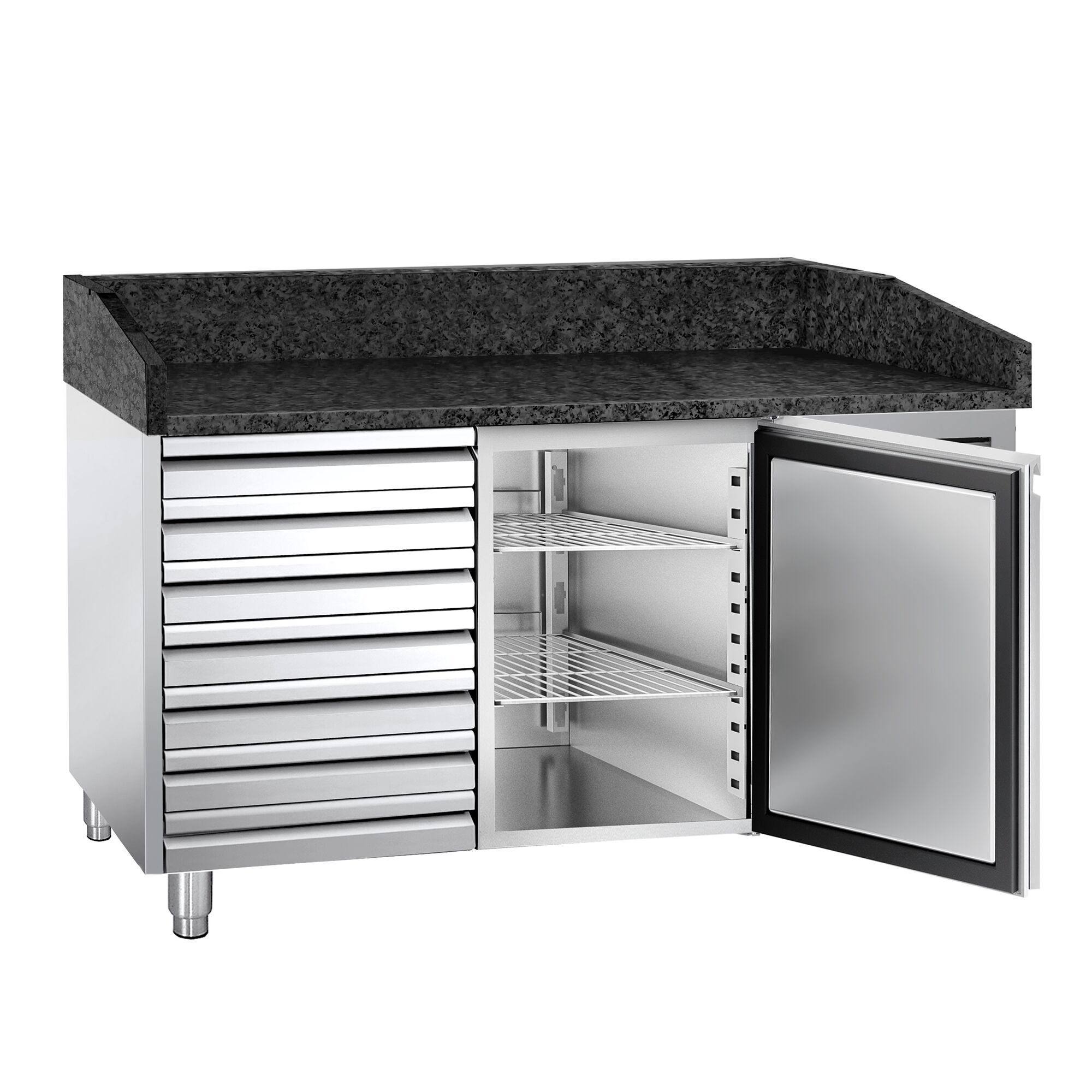 Commercial Pizza Prep Counter - Granite Top PREMIUM - 1500x800mm - with 1 doors & 7 drawers