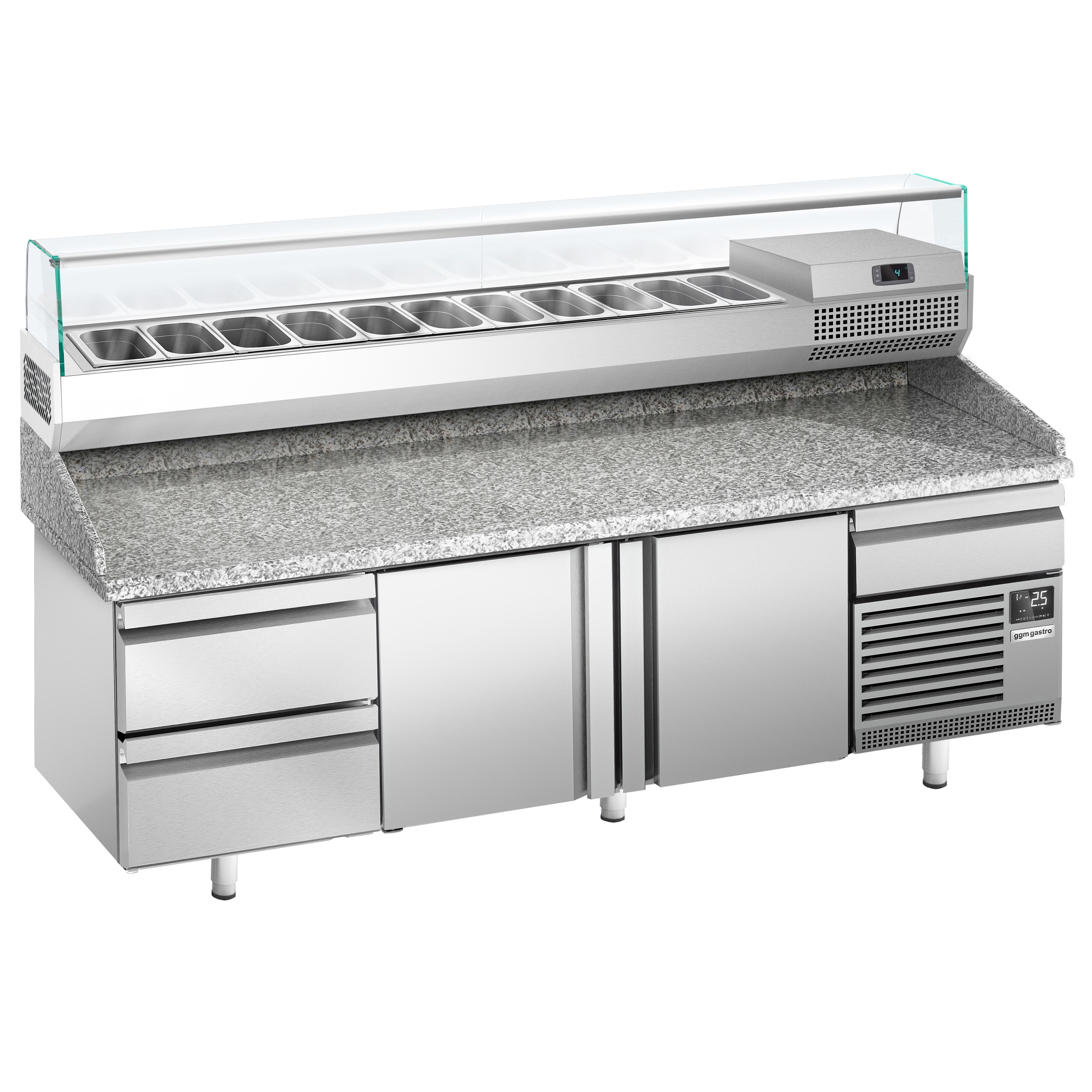 Table réfrigérée à pizza Premium PLUS - 2305x800 mm - avec 2 portes & 3 tiroirs - incl. vitrine réfrigérée pour ingrédients - 11x GN 1/4