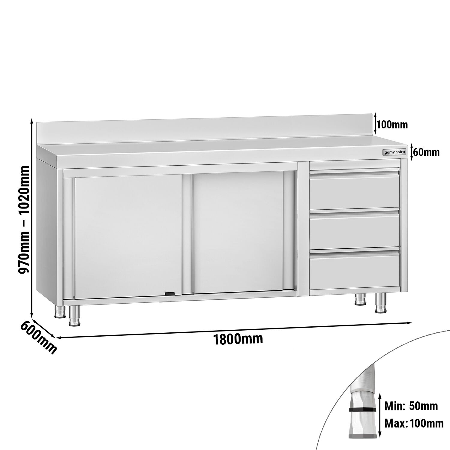 Table armoire en acier inoxydable ECO - 1800x600mm - avec 3 tiroirs à droite et portes coulissantes et étagère basse - avec dosseret