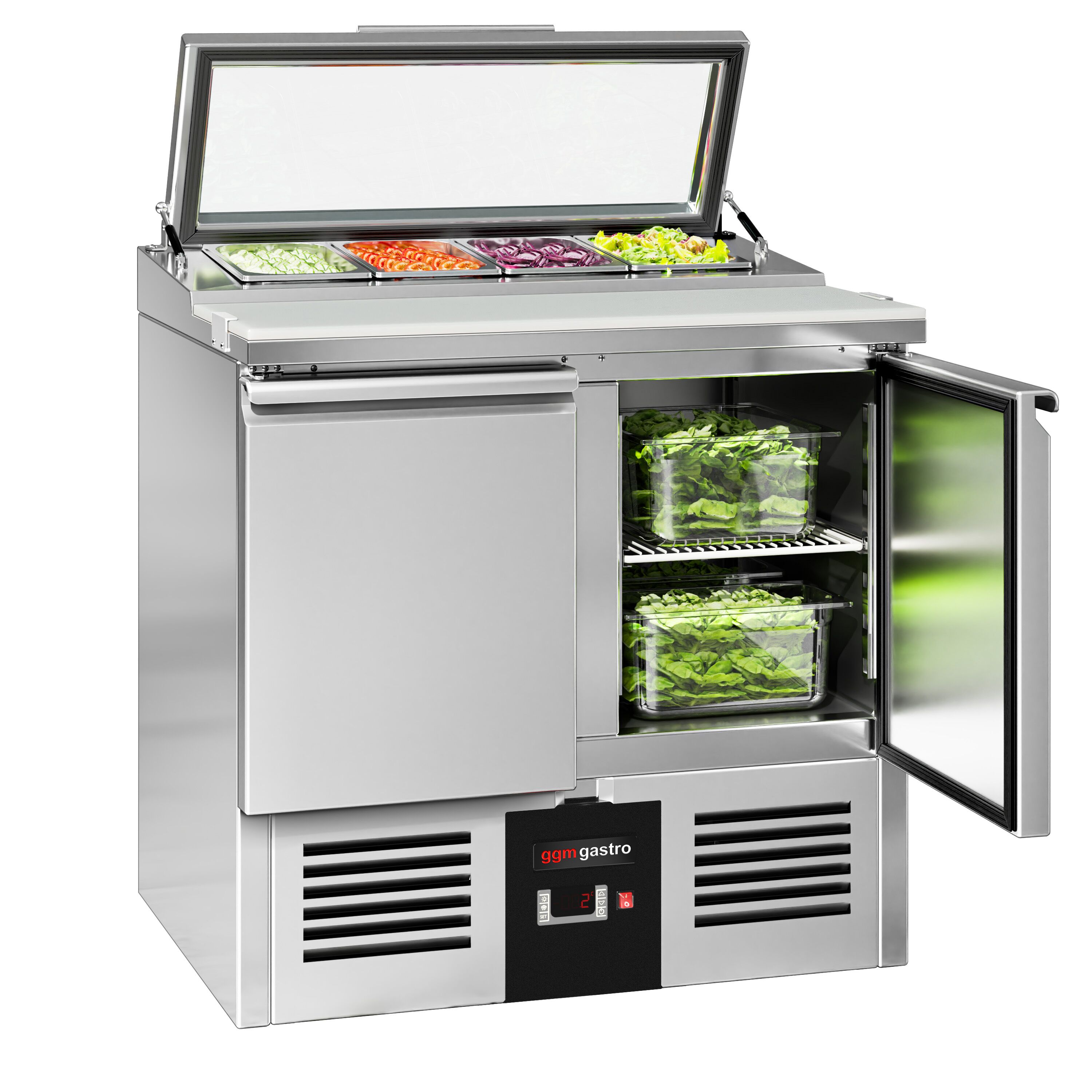 Saladette réfrigérée PREMIUM - 900mm - 159L - 2 portes - avec découpe pour 4x GN 1/3 & Couvercle verre