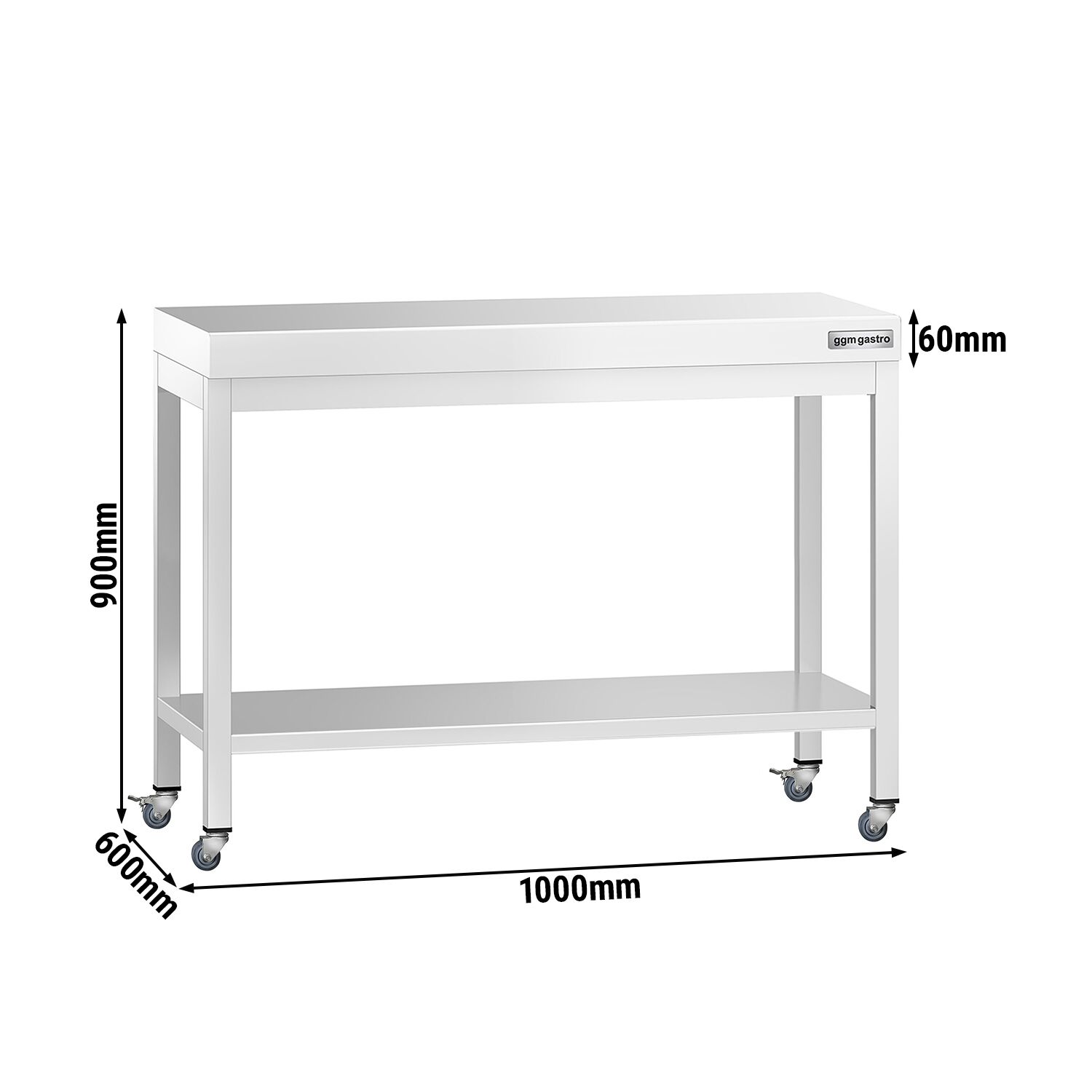 Table de travail en inox PREMIUM - 1000 x 600 mm - avec tablette inférieure et roulettes