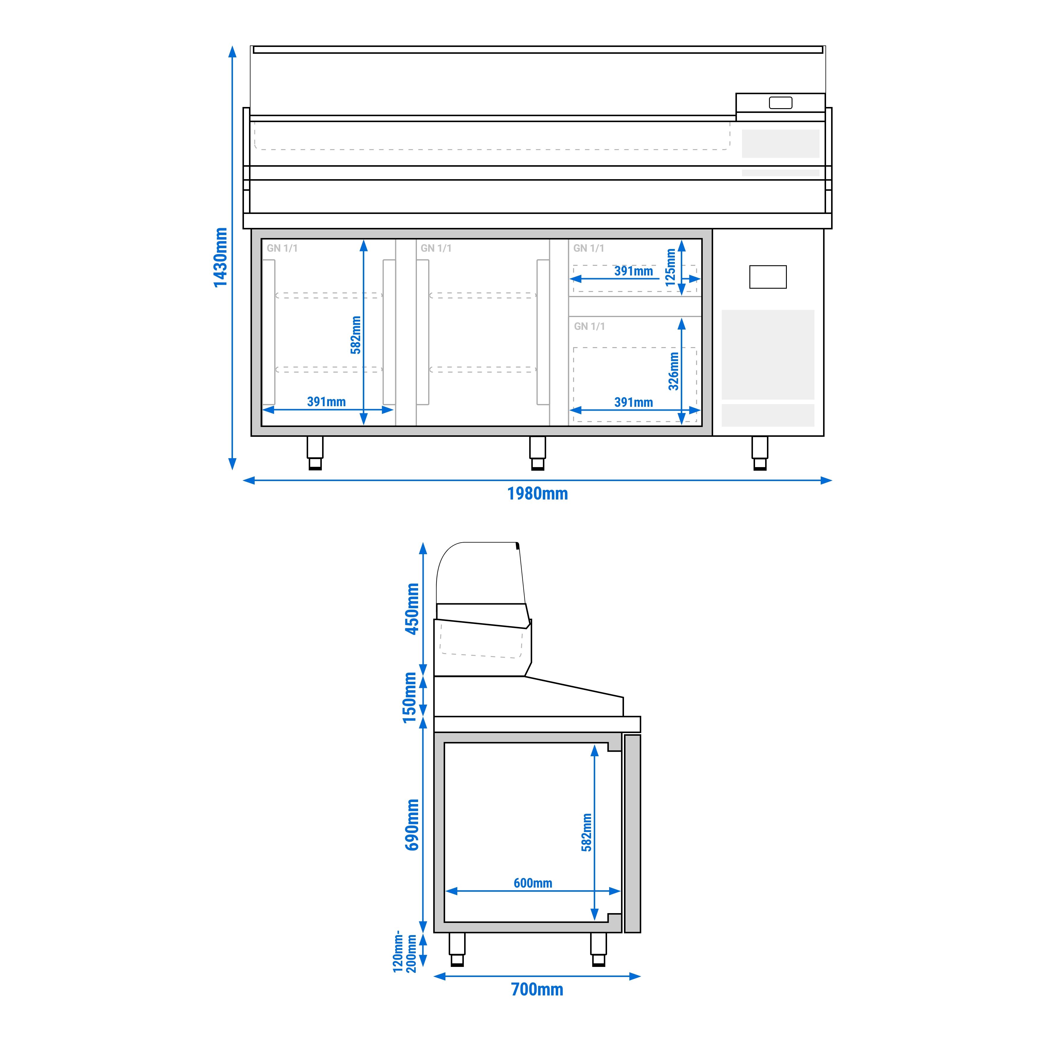 Table réfrigérée à pizza Premium PLUS - 1980x700 mm - avec 2 portes & 2 tiroirs - incl. vitrine réfrigérée - 9x GN 1/4