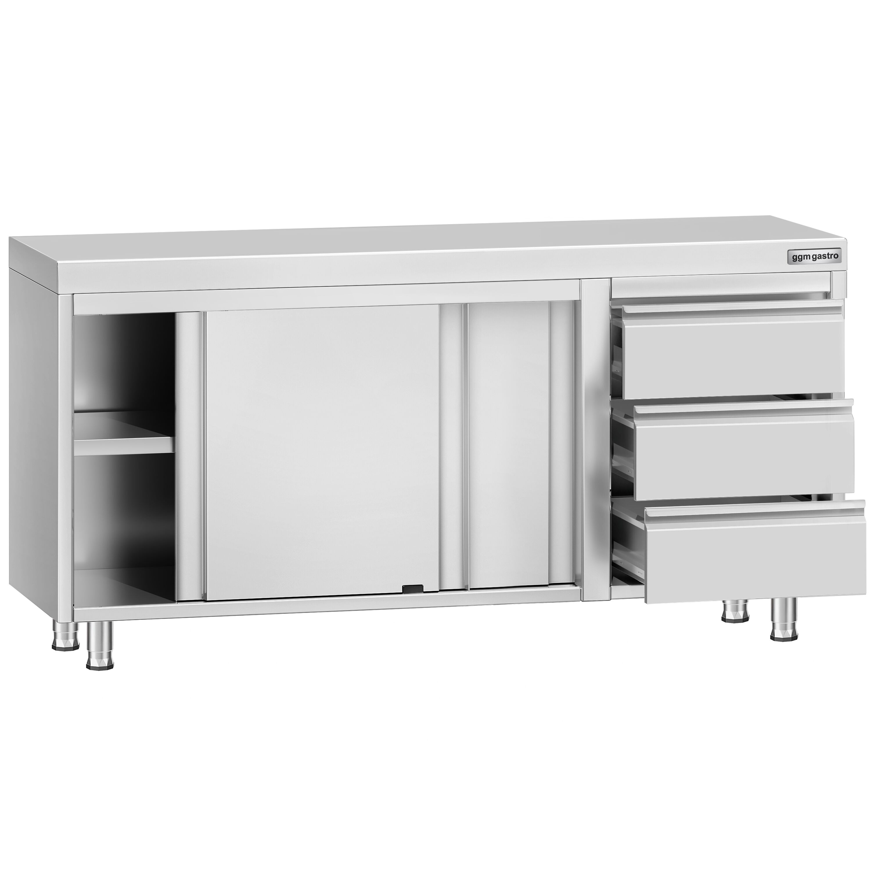 Table armoire en acier inoxydable ECO - 1600x600mm - avec portes coulissantes et 3 tiroirs à droite