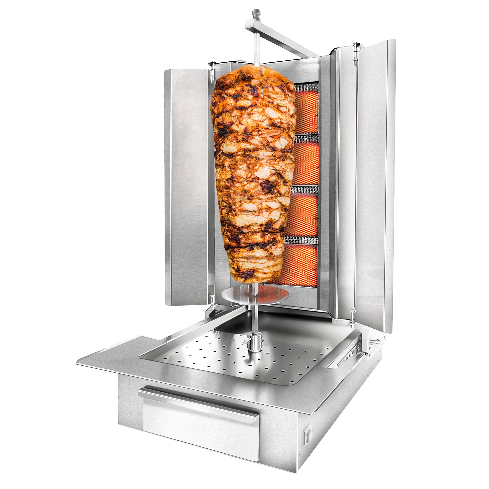 Gas Doner Kebab Grill (Shawarma/Gyros) - 4 Burner - up to 60kg - 13kW - Countertop - incl. 2 splash guards & 2 double doors - For UK