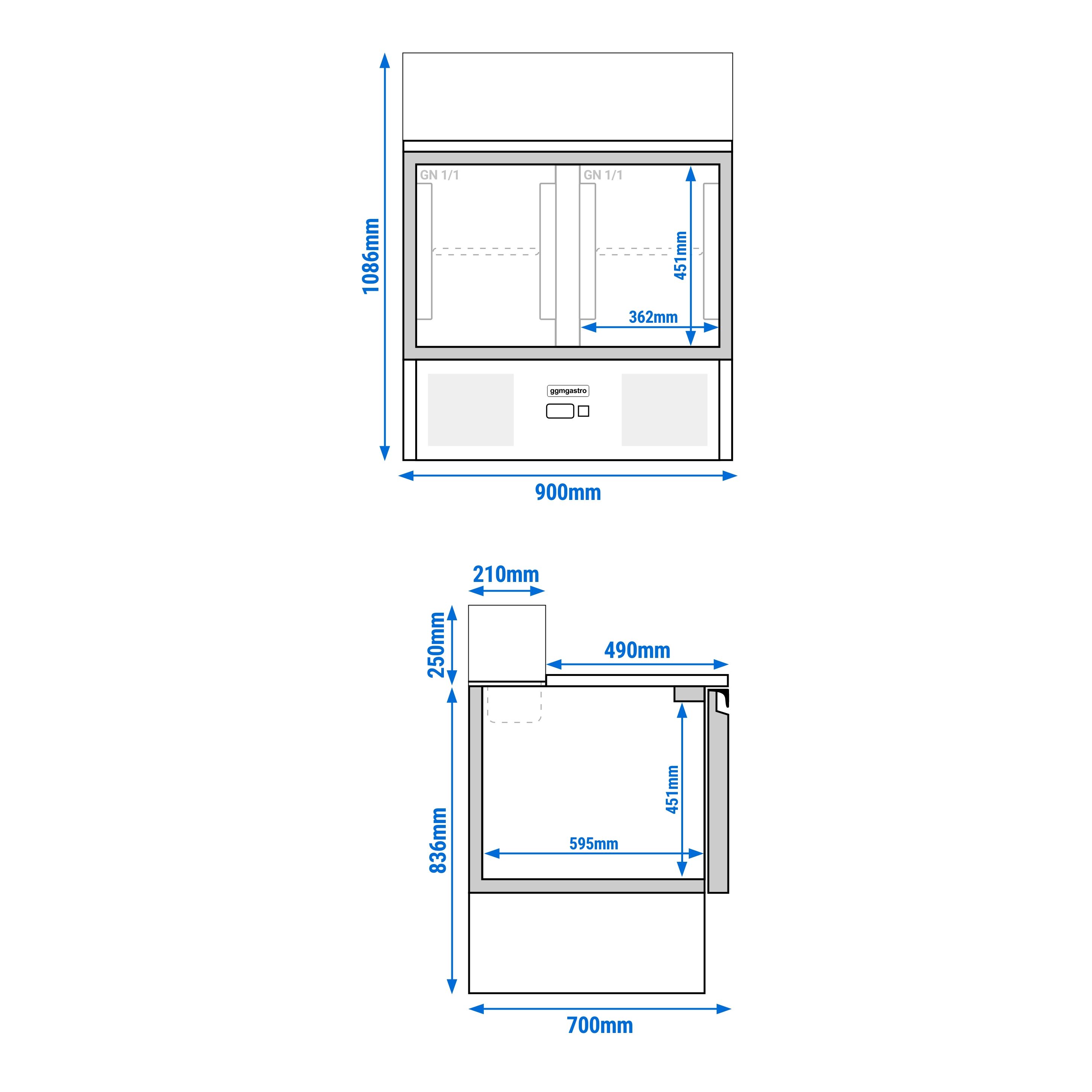 Saladette réfrigérée PREMIUM - 900mm - 240L - 2 portes vitrées - avec vitrine de comptoir pour 5x GN 1/6 - Pour FR