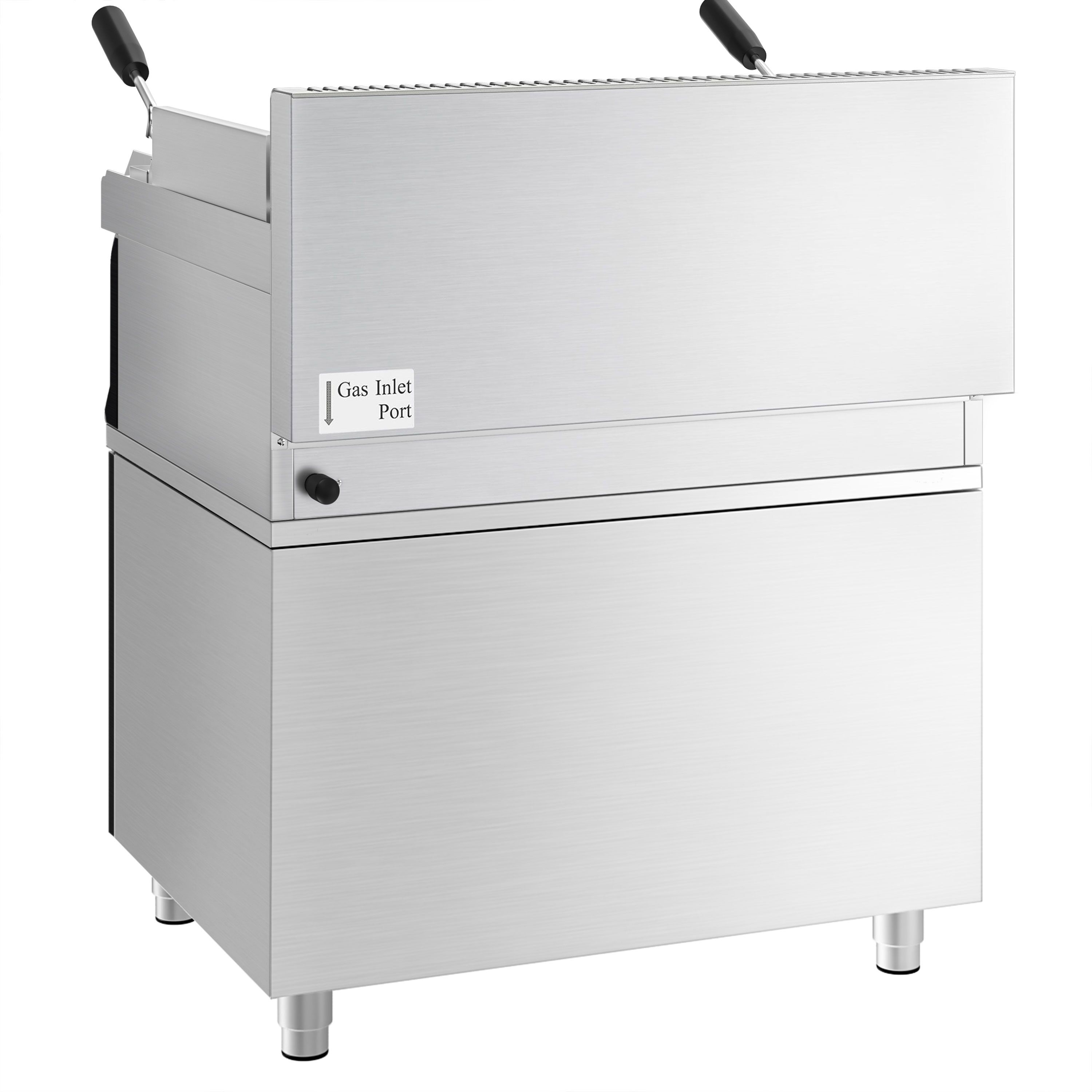 Commercial Gas Lava Rock Chargrill MARIO 700 - 800mm - with Cabinet Base - Tilting Grill Grid - Cast-Iron Cooking Grids - Black-front Fascia - incl. cabinet base - 2 Doors