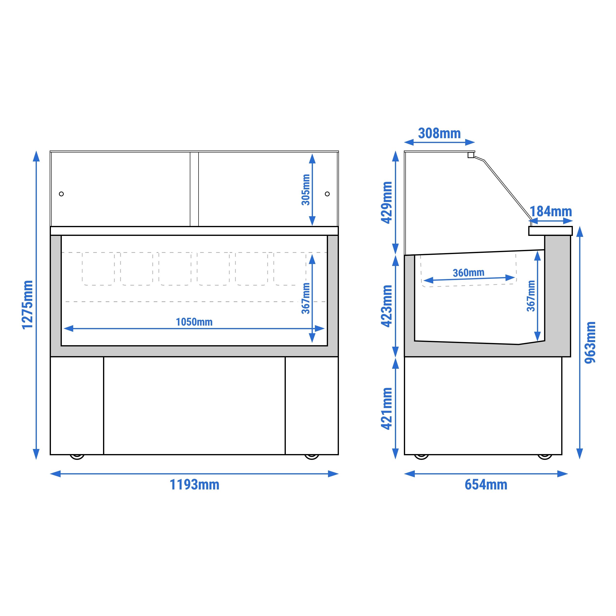 Vitrine à glace EMMA – 1190 mm – refroidissement ventilé – pour 6 bacs à glace de 5 litres ou 4 bacs de 7 litres – noir