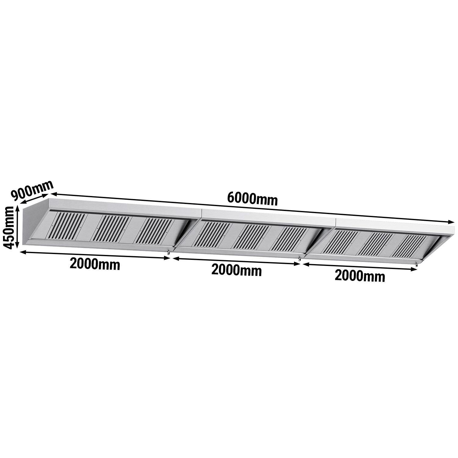 Commercial Wall-Mounted Extraction Canopy - 6000mm - with Grease Filters & LED Lighting