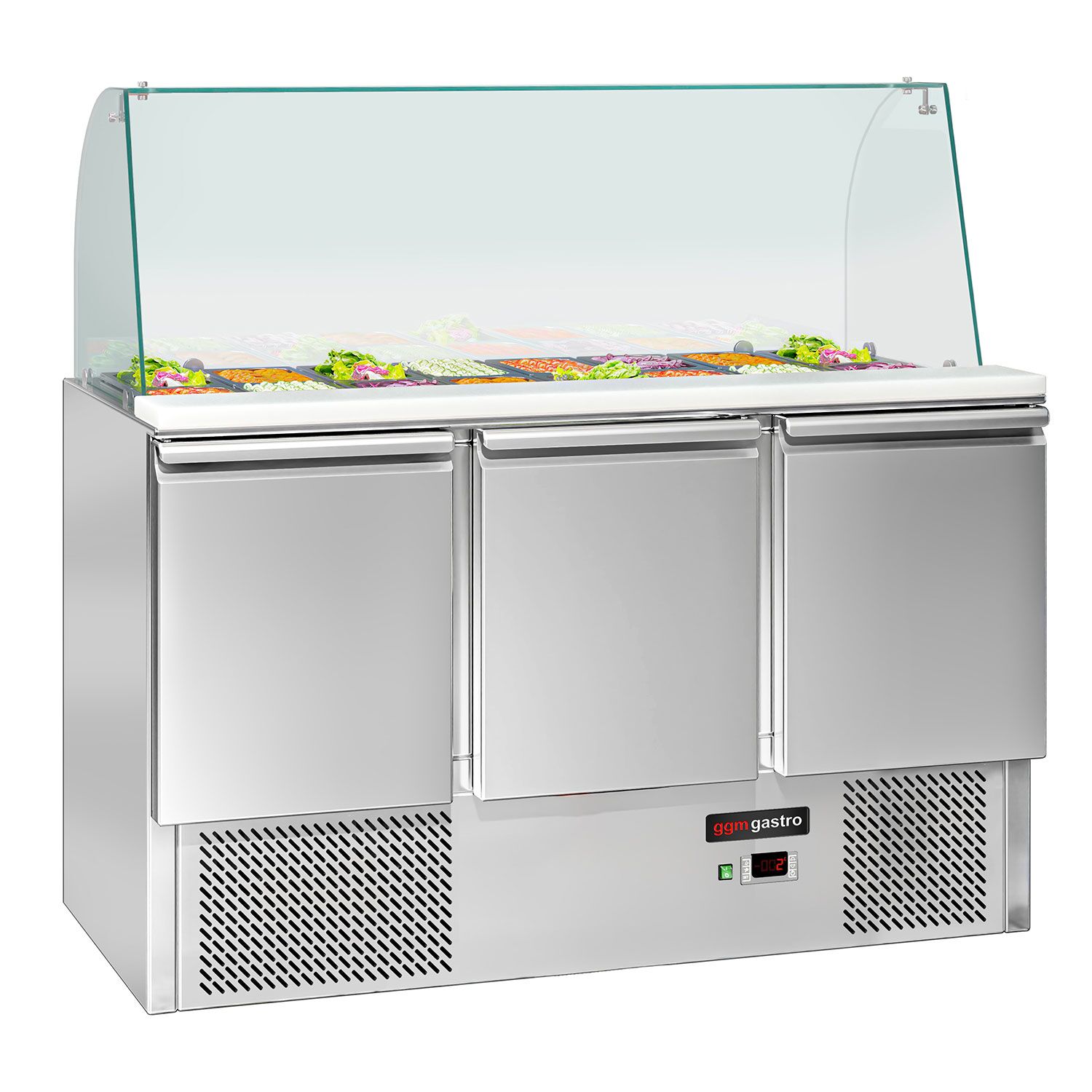 Saladette réfrigérée ECO - 1368mm - 368L - 3 portes - avec vitrine de comptoir pour 4x GN 1/1
