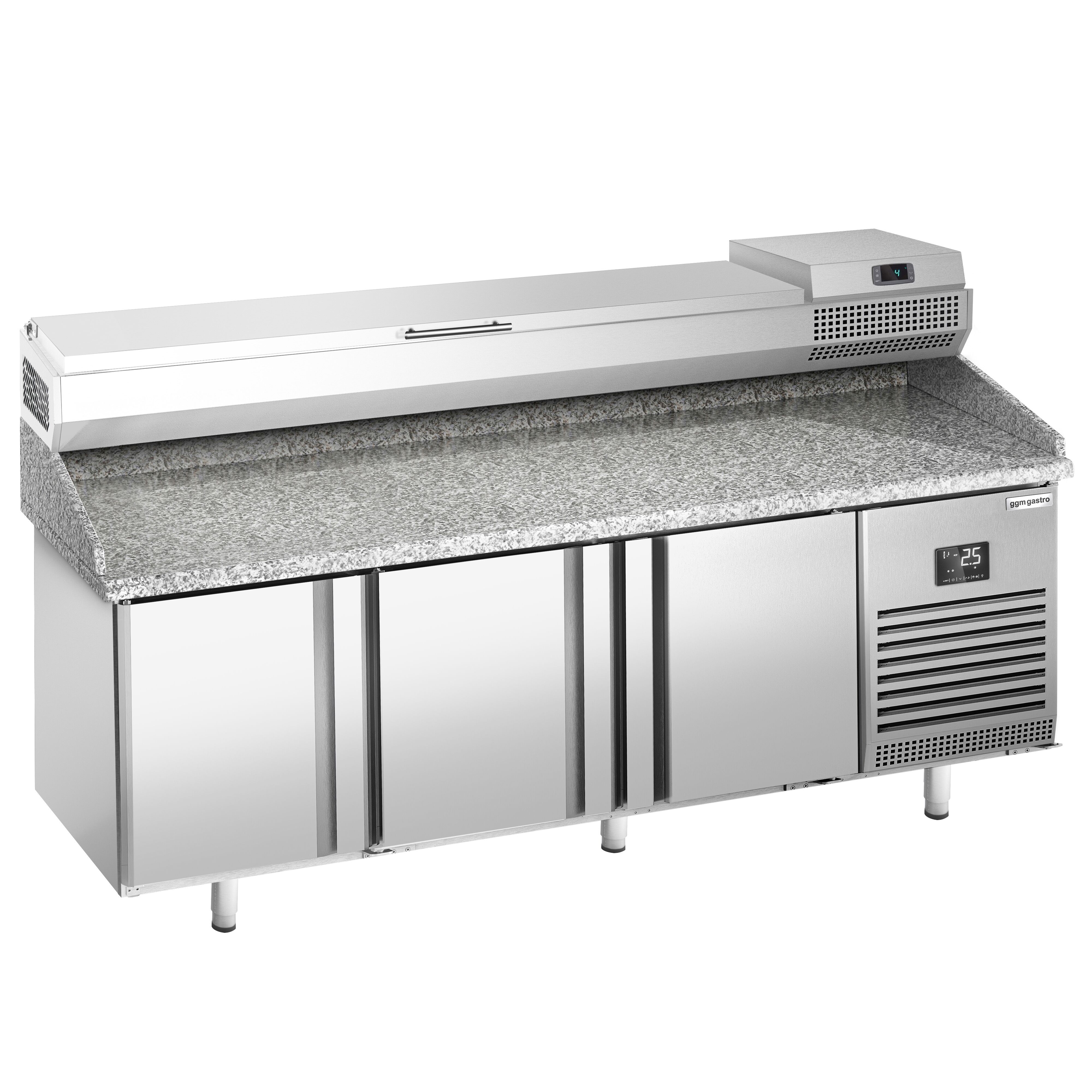 Table réfrigérée à pizza Premium PLUS - 1980 x 700 mm - avec 3 portes - incl. vitrine réfrigérée de présentation - 9x GN 1/4