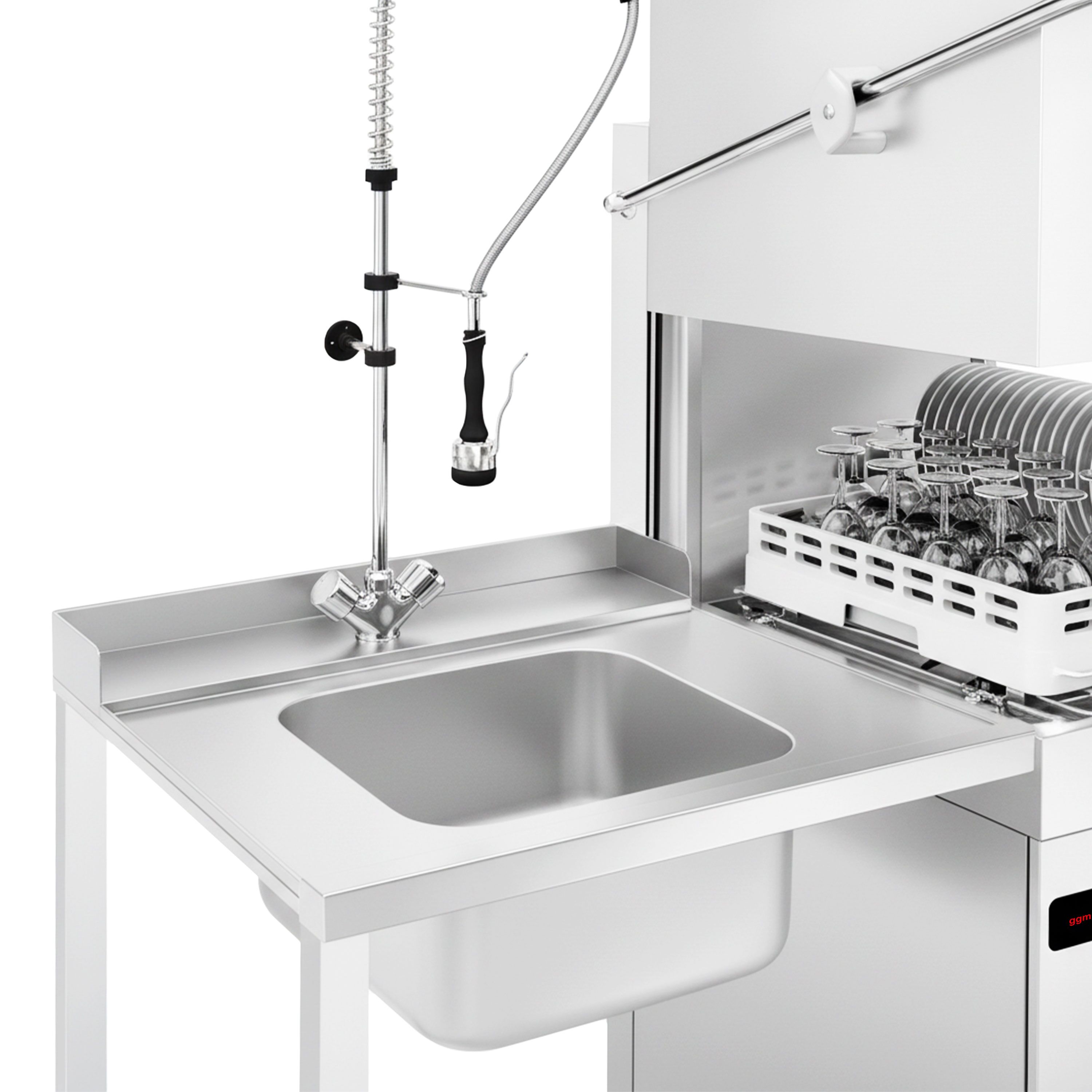 Lave-vaisselle à capot – Écran tactile – 9,66 kW – avec table d’entrée à gauche et table de sortie à droite incluses – avec pompe de détergent, de rinçage et de vidange