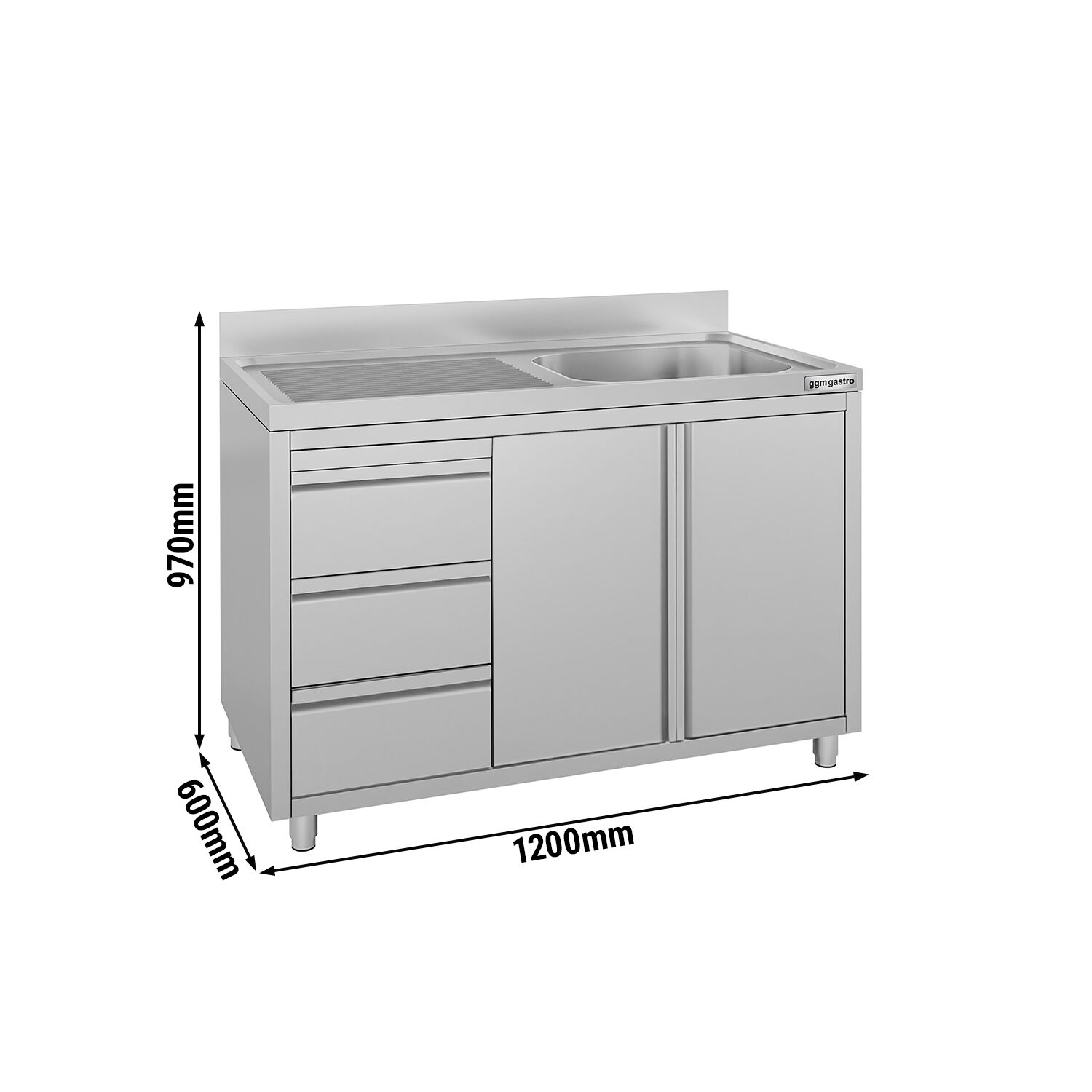 Meuble évier ECO - 1200 x 600 mm - 3 tiroirs - & 1 bac à droite