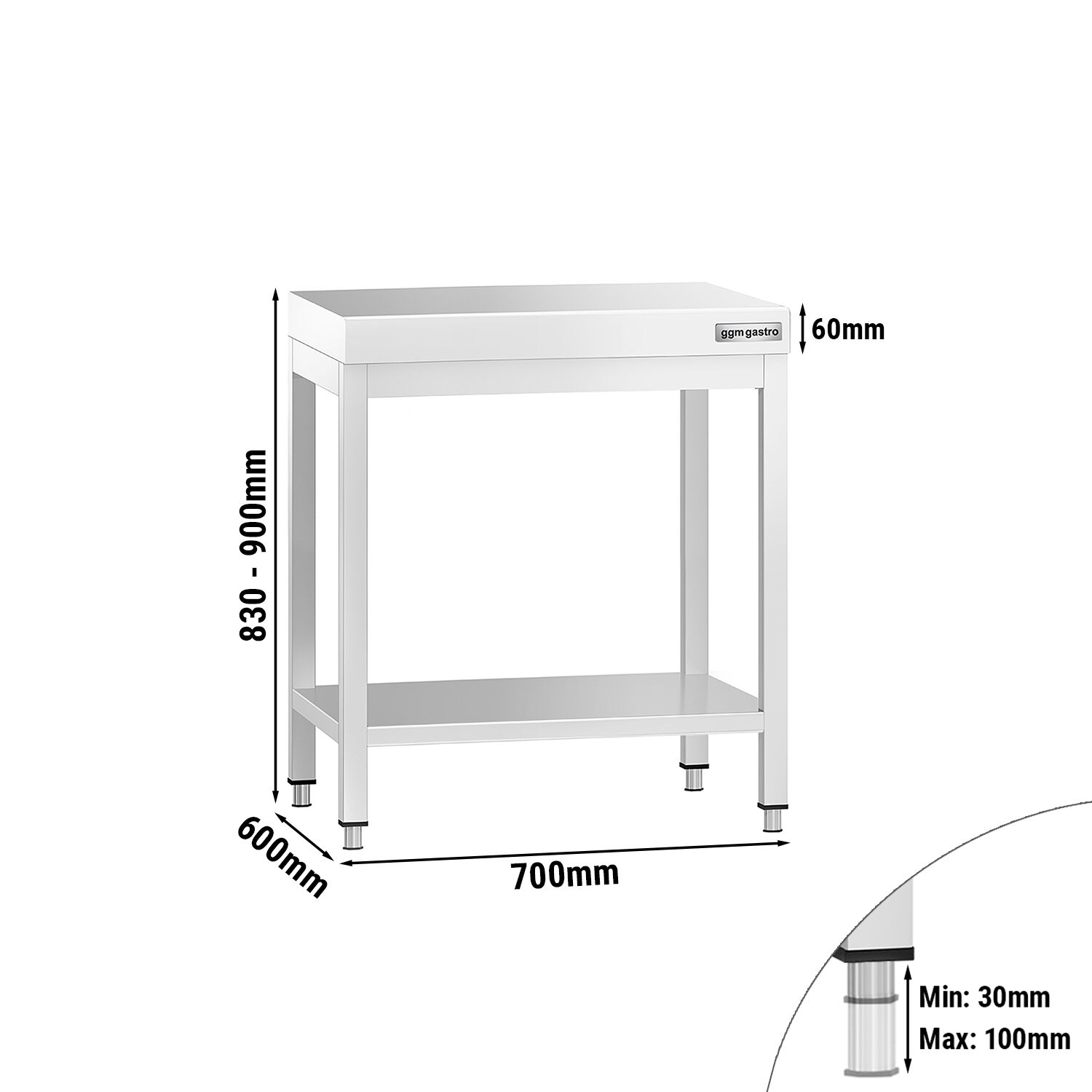 Table de travail inox PREMIUM - 700 x 600 mm - avec tablette inférieure