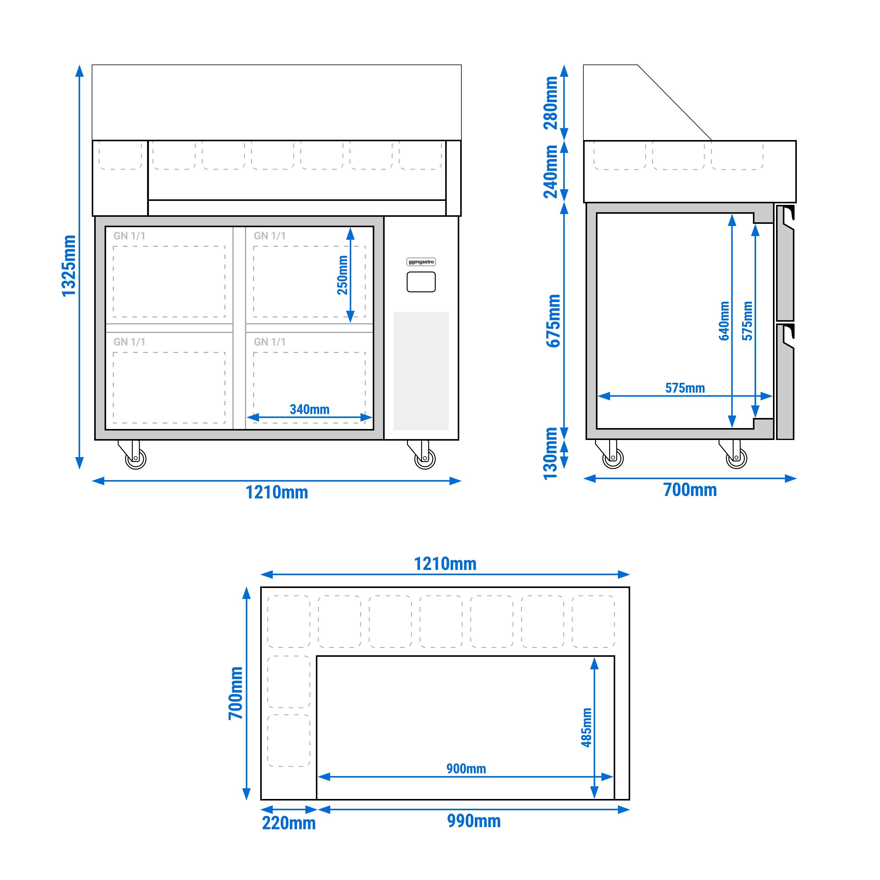 Saladette Kompakt - 1210x700 mm - glasöverdel - inbyggd kylränna - 4 lådor - för 9x GN 1/6 - inkl. Korvgrill/Hot dog‑grill & -värmare
