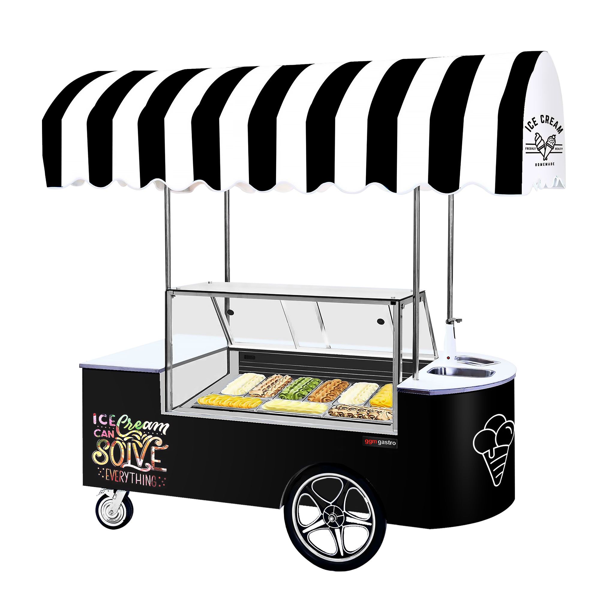 Chariot à glace – 2146 mm – avec évier et vitrine à glace rectangulaire – pour 9 bacs à glace de 5 litres