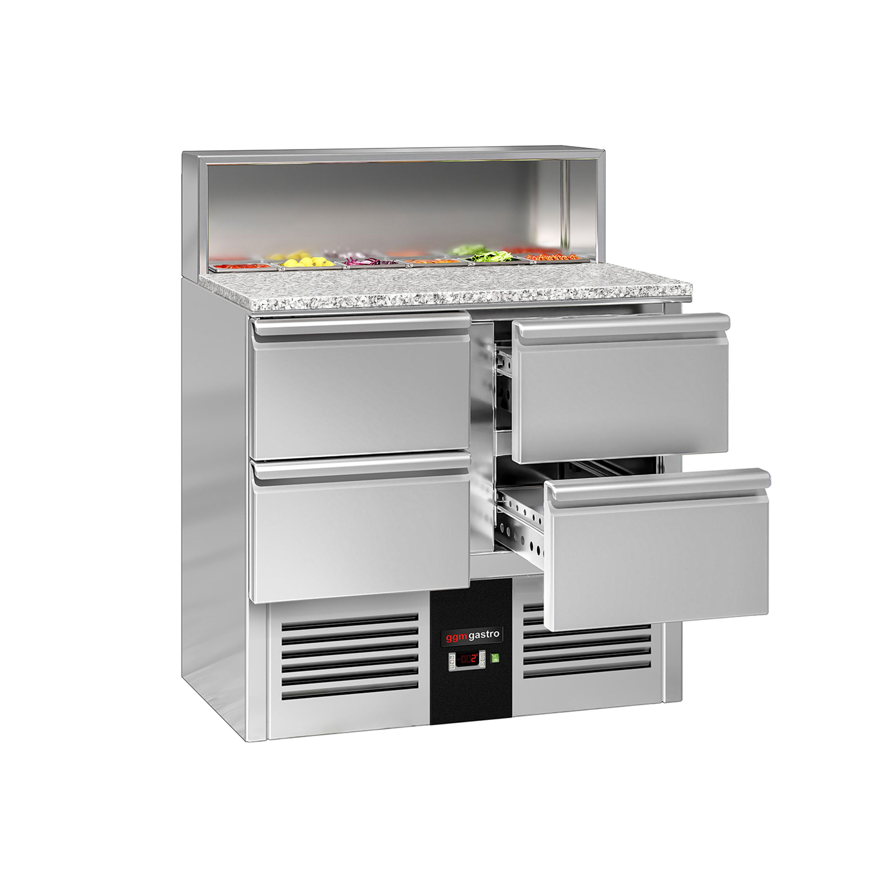 Saladette réfrigérée PREMIUM - 903mm - 240L - 4 tiroirs - pour 5x GN 1/6 - plan de travail en granit noir